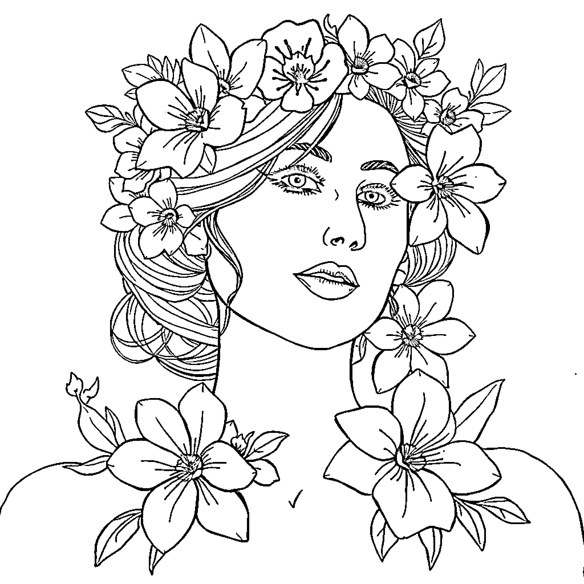 Woman with floral crown surrounded by blossoms Coloring Page (free black-and-white line drawing printable PDF for all, from beginners to advanced learners, including children, teens, adults, and seniors)