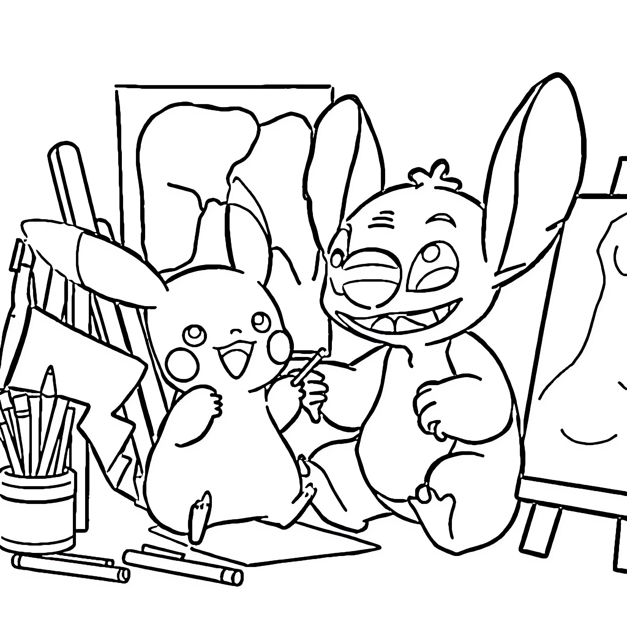 Pikachu and Stitch having an artistic adventure Coloring Page (free black-and-white line drawing printable PDF for all, from beginners to advanced learners, including children, teens, adults, and seniors)