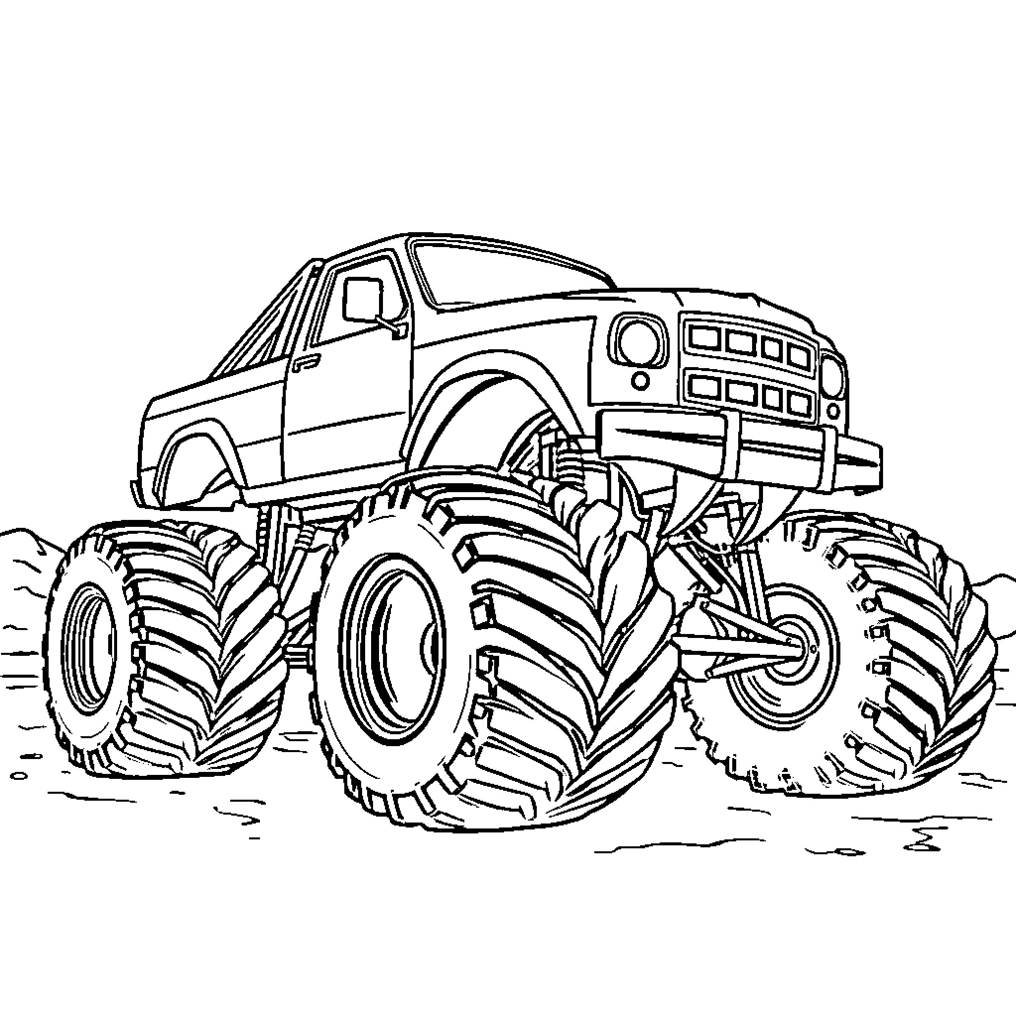 Monster Truck racing over muddy terrain Coloring Page (free black-and-white line drawing printable PDF for all, from beginners to advanced learners, including children, teens, adults, and seniors)