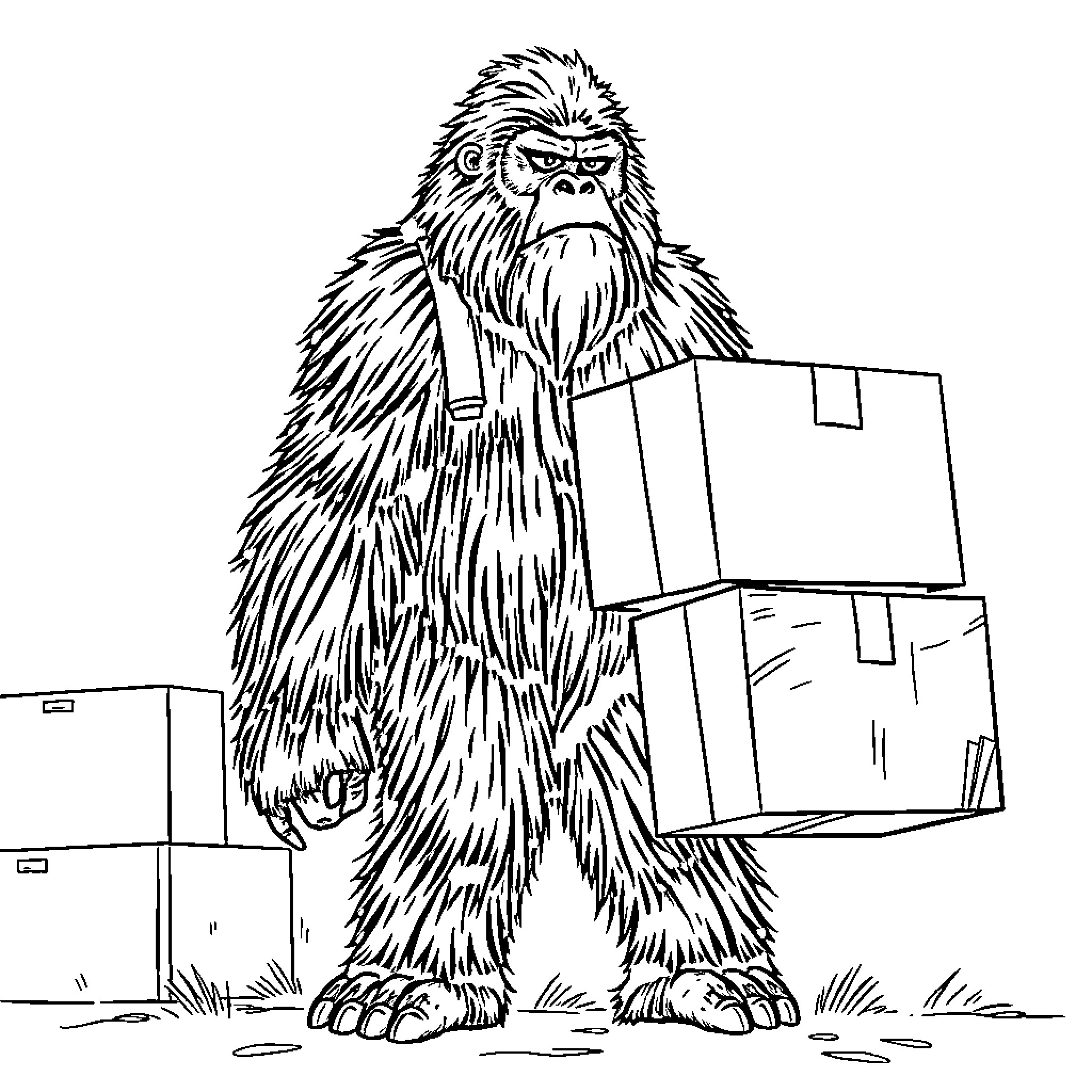 Sasquatch carrying boxes through the wilderness Coloring Page (free black-and-white line drawing printable PDF for all, from beginners to advanced learners, including children, teens, adults, and seniors)