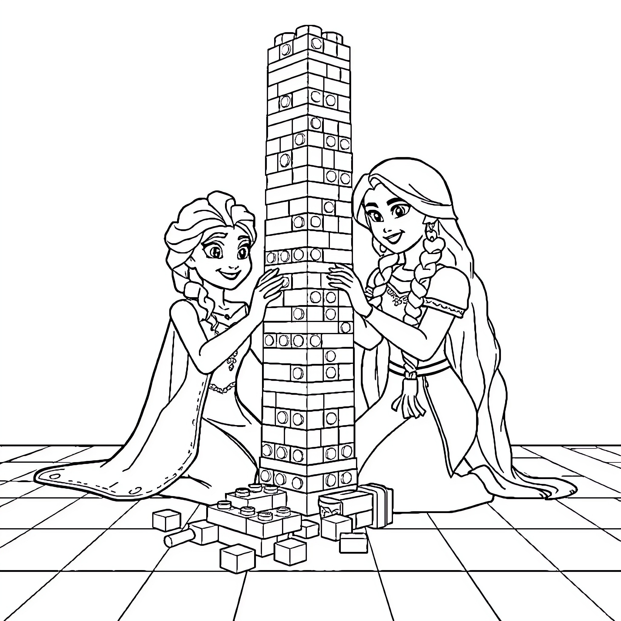 Elsa and Anna Building Lego Tower Together Coloring Page (free black-and-white line drawing printable PDF for all, from beginners to advanced learners, including children, teens, adults, and seniors)