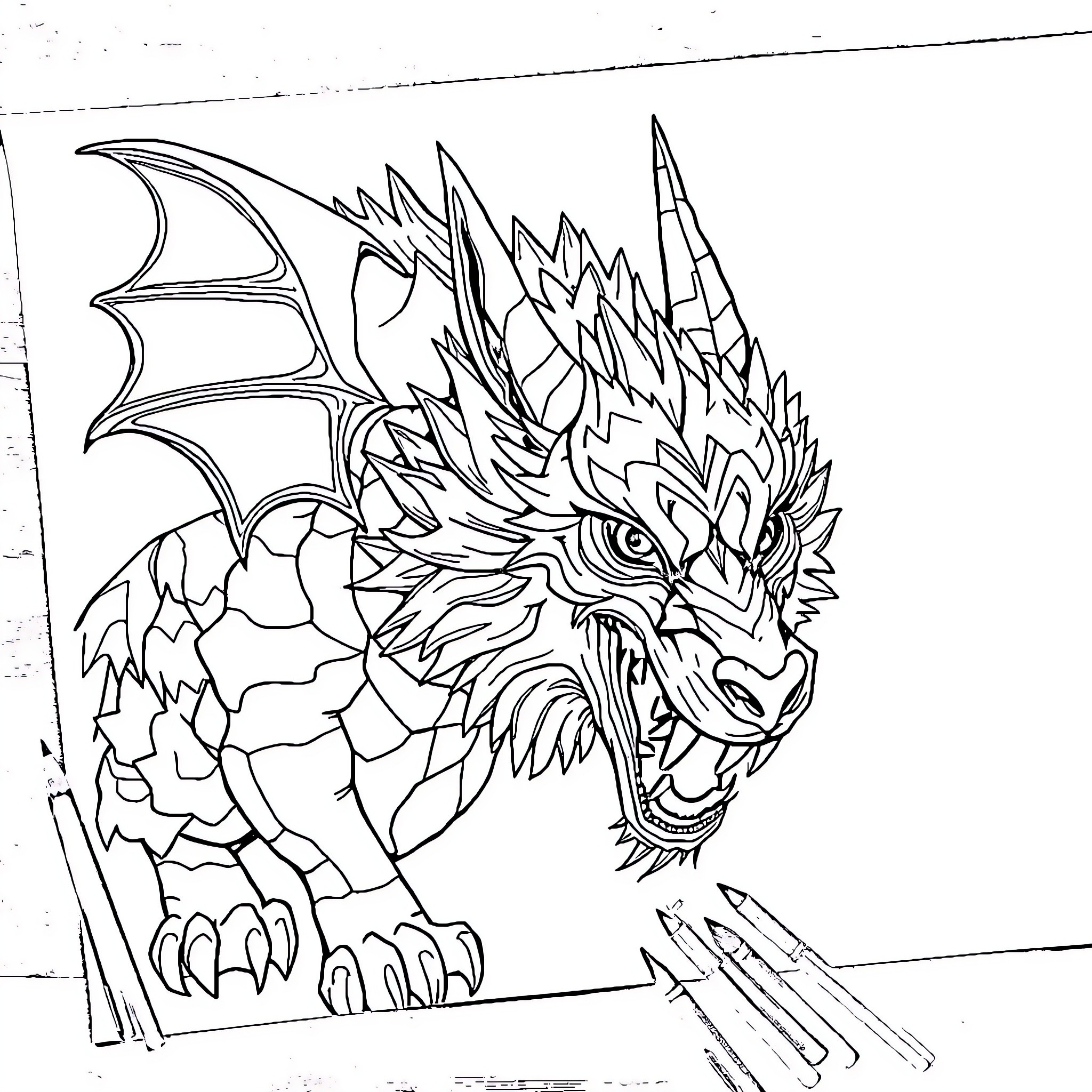 Dragon's Ferocious Roar and Powerful Presence Coloring Page (free black-and-white line drawing printable PDF for all, from beginners to advanced learners, including children, teens, adults, and seniors)