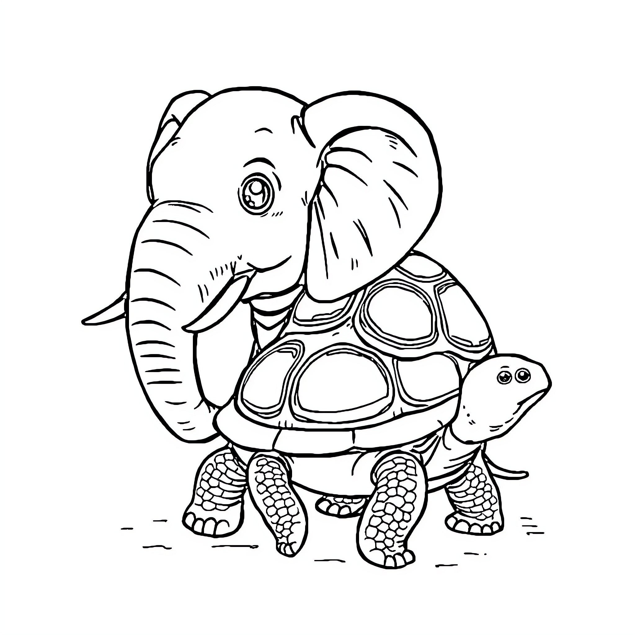Elephant Turtle enjoying a walk together Coloring Page (free black-and-white line drawing printable PDF for all, from beginners to advanced learners, including children, teens, adults, and seniors)