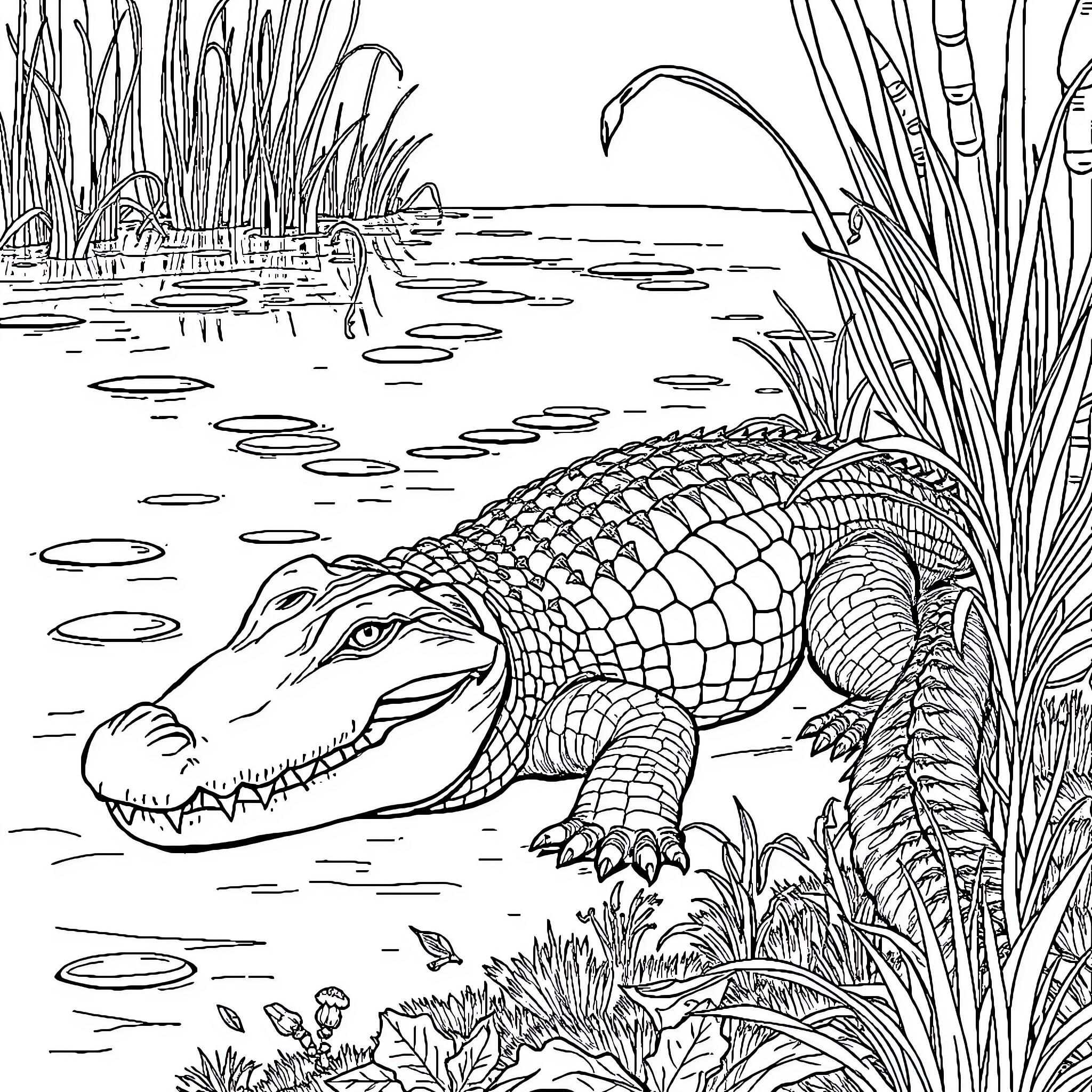 Alligator in a serene wetland environment Coloring Page (free black-and-white line drawing printable PDF for all, from beginners to advanced learners, including children, teens, adults, and seniors)