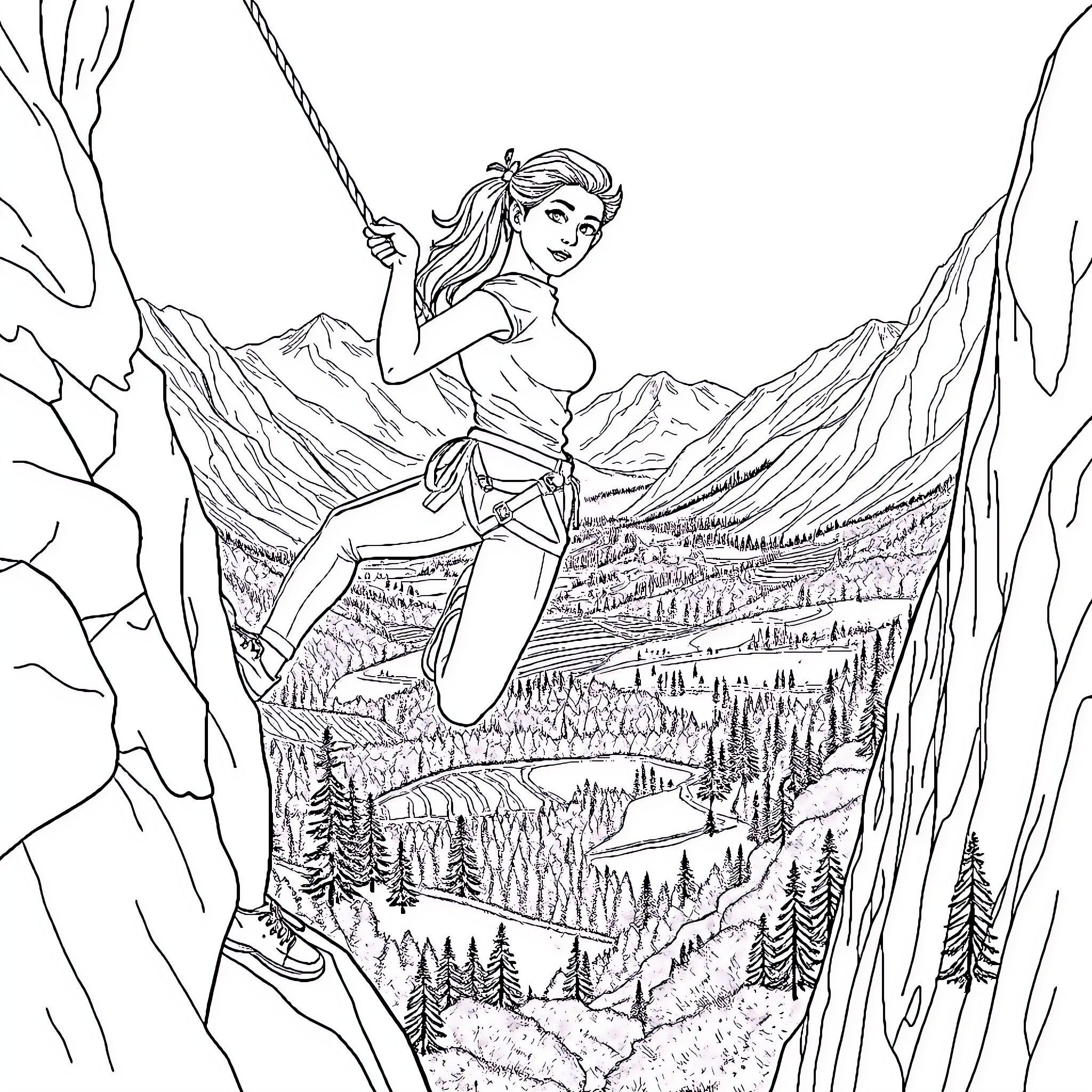 Woman rock climbing in scenic mountain landscape Coloring Page (free black-and-white line drawing printable PDF for all, from beginners to advanced learners, including children, teens, adults, and seniors)