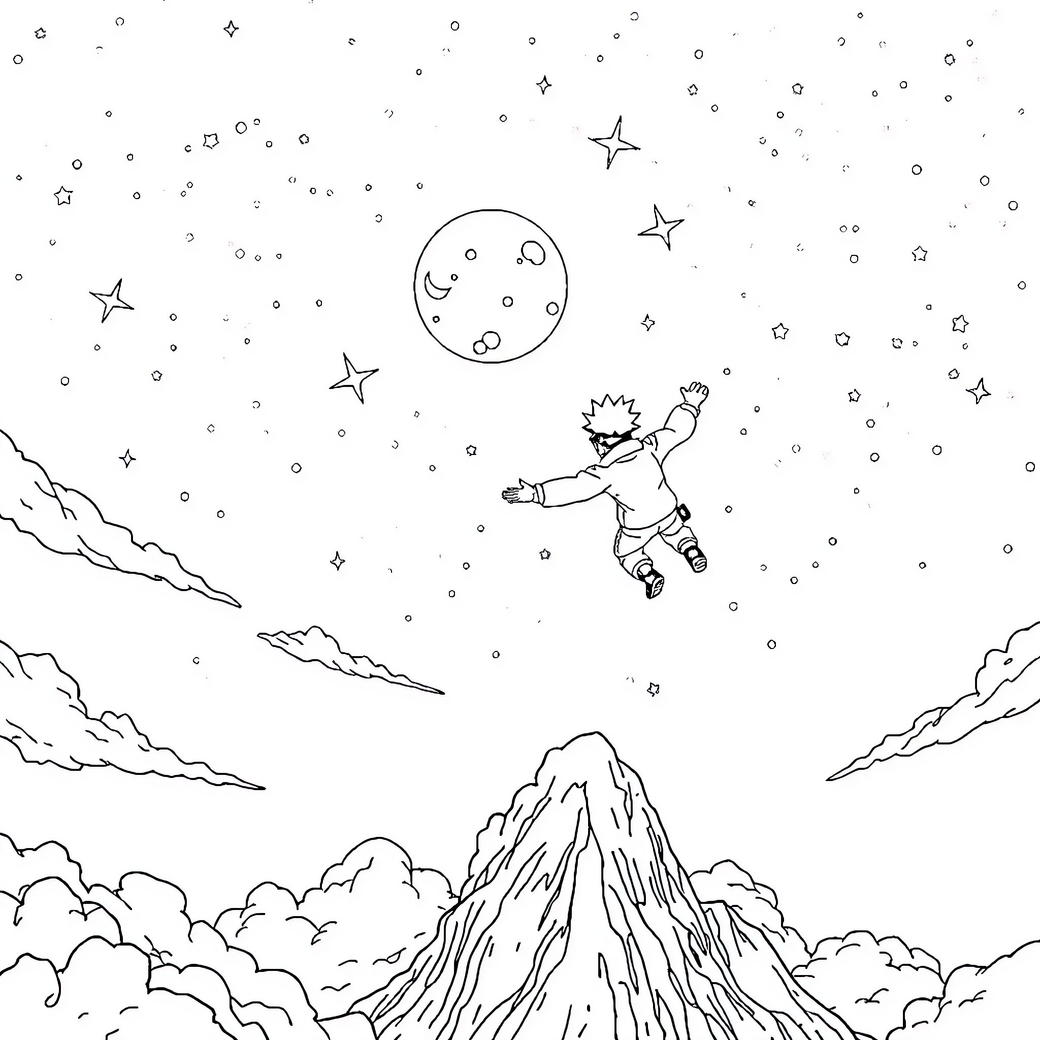 Naruto Exploring the Starry Night Sky Coloring Page (free black-and-white line drawing printable PDF for all, from beginners to advanced learners, including children, teens, adults, and seniors)