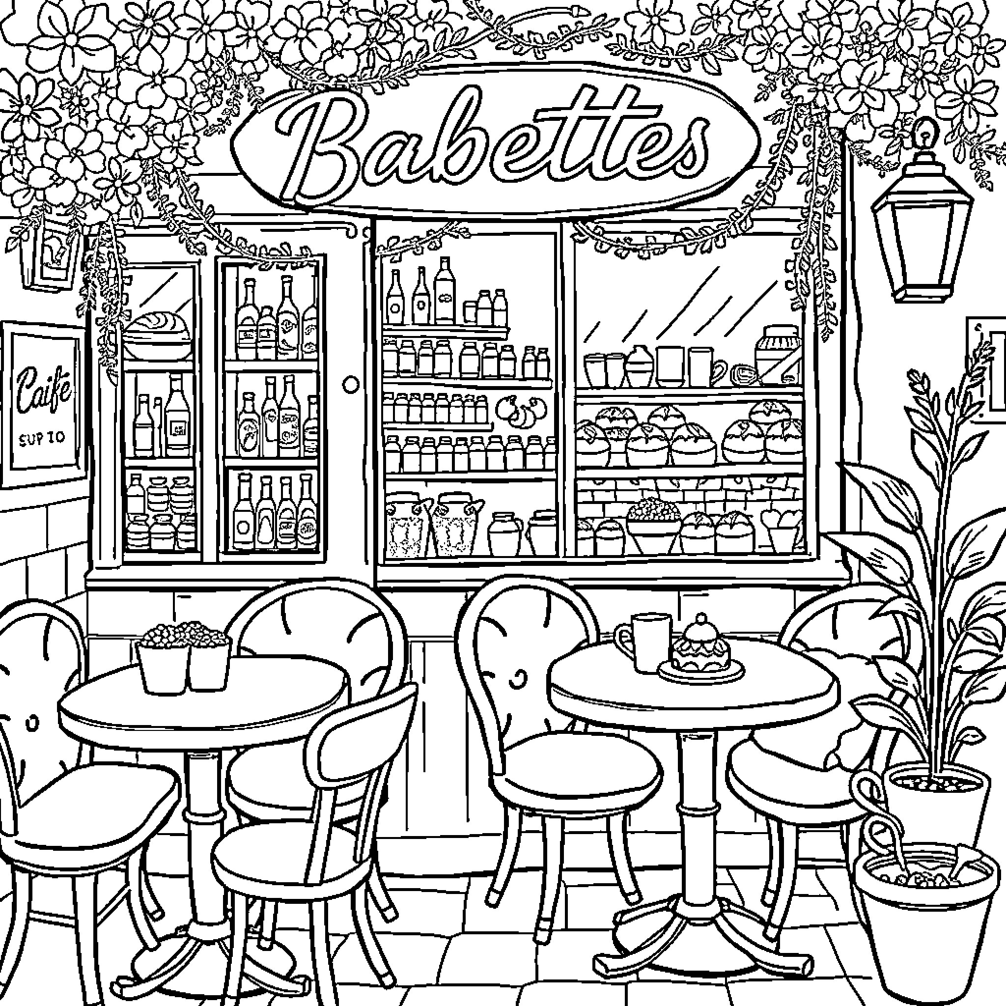 Babettes' Cozy Cafe Ambiance Coloring Page (free black-and-white line drawing printable PDF for all, from beginners to advanced learners, including children, teens, adults, and seniors)