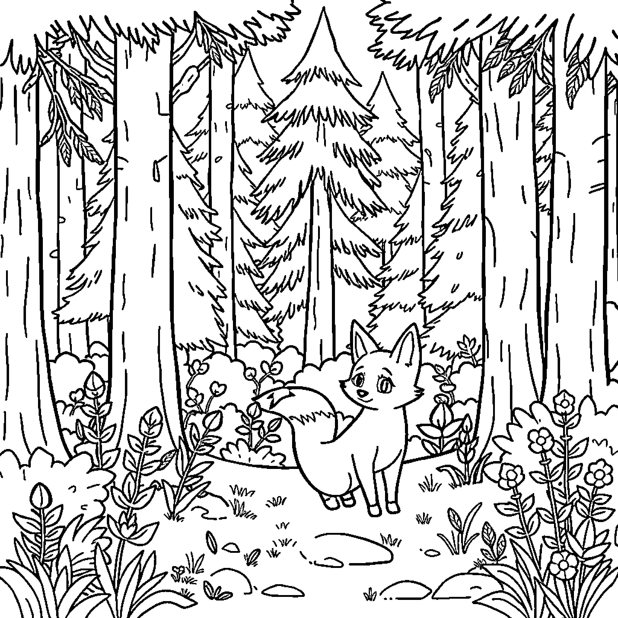 Fox wandering in the enchanted forest Coloring Page (free black-and-white line drawing printable PDF for all, from beginners to advanced learners, including children, teens, adults, and seniors)