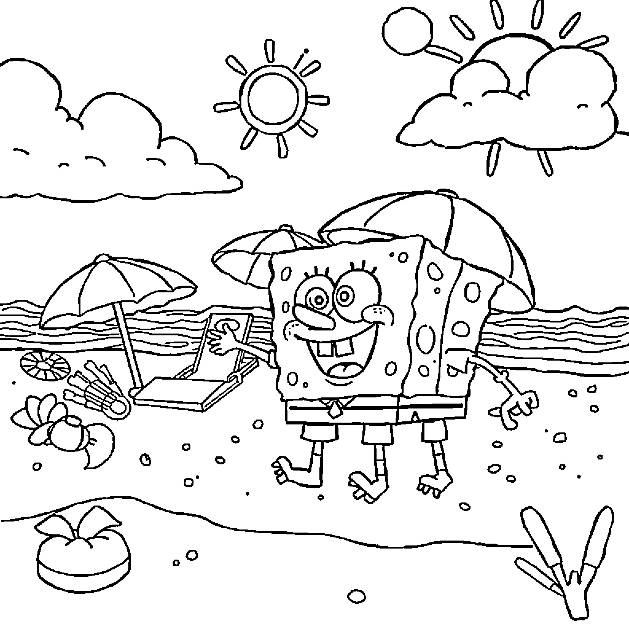 Spongebob enjoying a sunny day at the beach Coloring Page (free black-and-white line drawing printable PDF for all, from beginners to advanced learners, including children, teens, adults, and seniors)