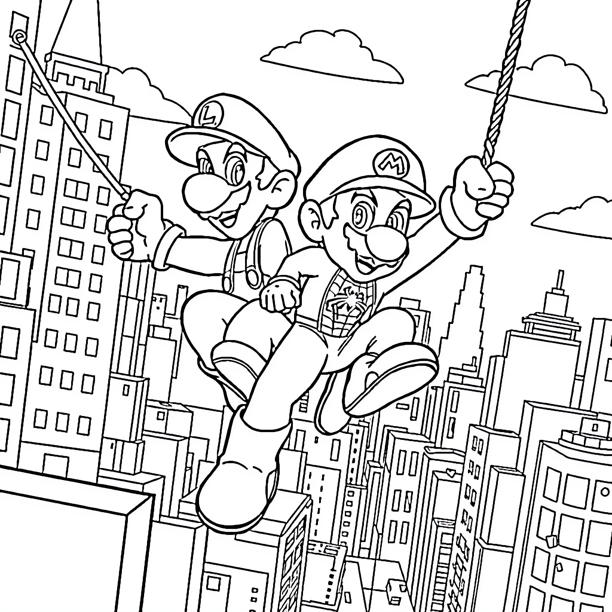Mario and Luigi Exploring the City Skyline Coloring Page (free black-and-white line drawing printable PDF for all, from beginners to advanced learners, including children, teens, adults, and seniors)