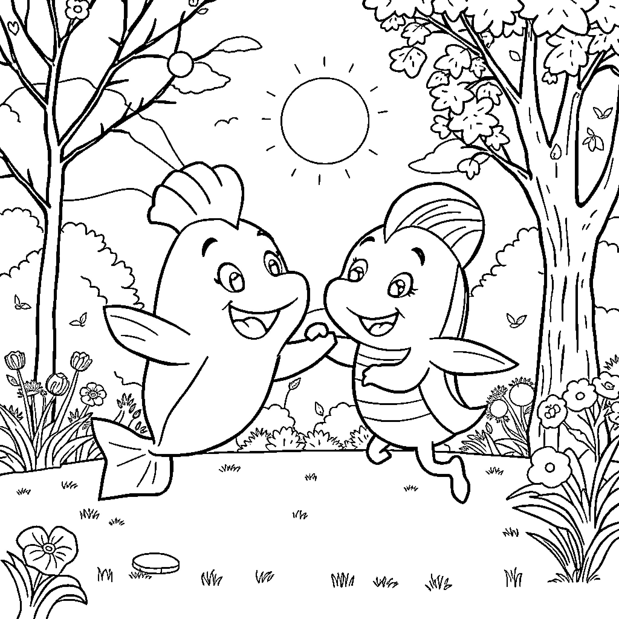 Bluey characters playing joyfully in the nature Coloring Page (free black-and-white line drawing printable PDF for all, from beginners to advanced learners, including children, teens, adults, and seniors)