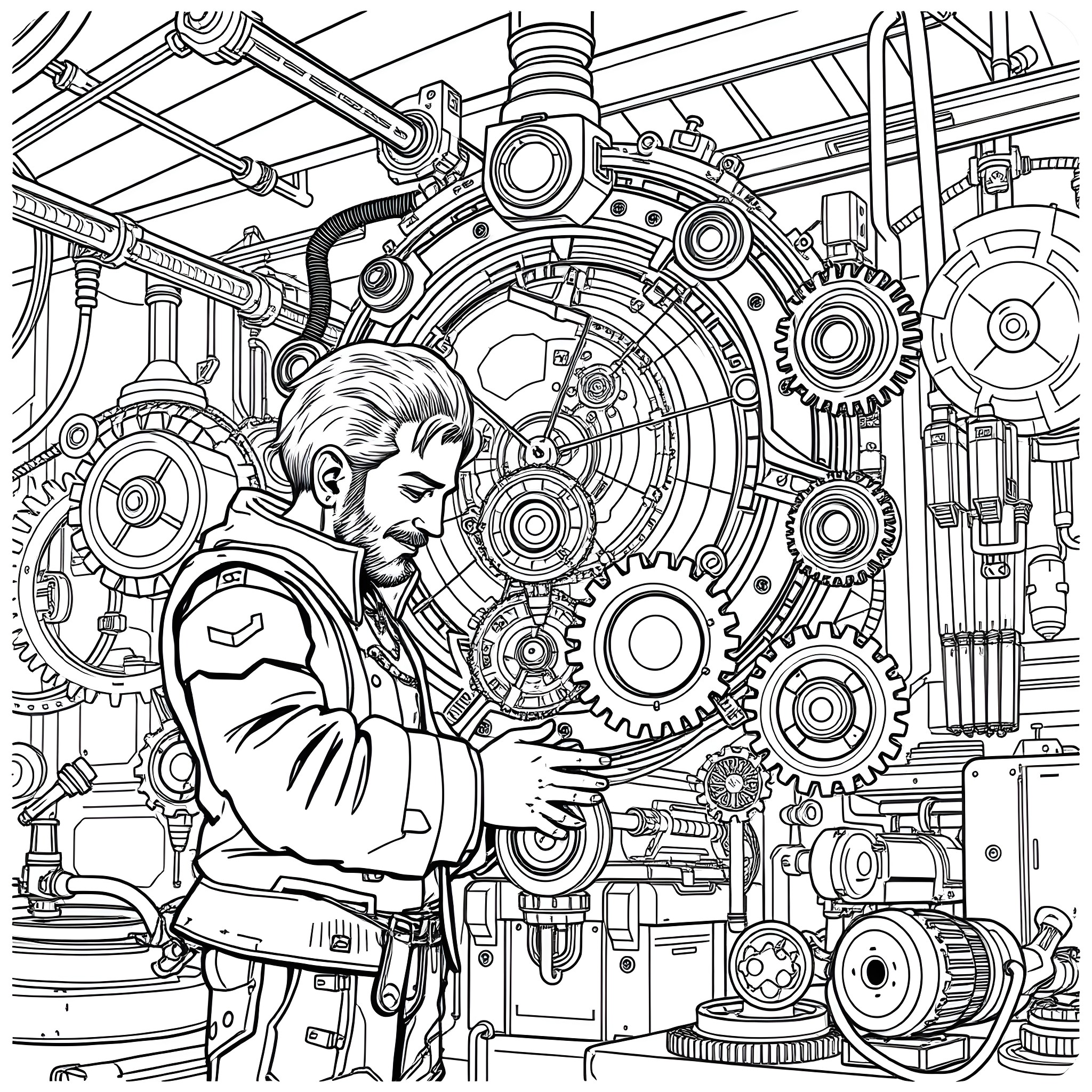 Gimbal Mechanics at Work in a Futuristic Setting Coloring Page (free black-and-white line drawing printable PDF for all, from beginners to advanced learners, including children, teens, adults, and seniors)