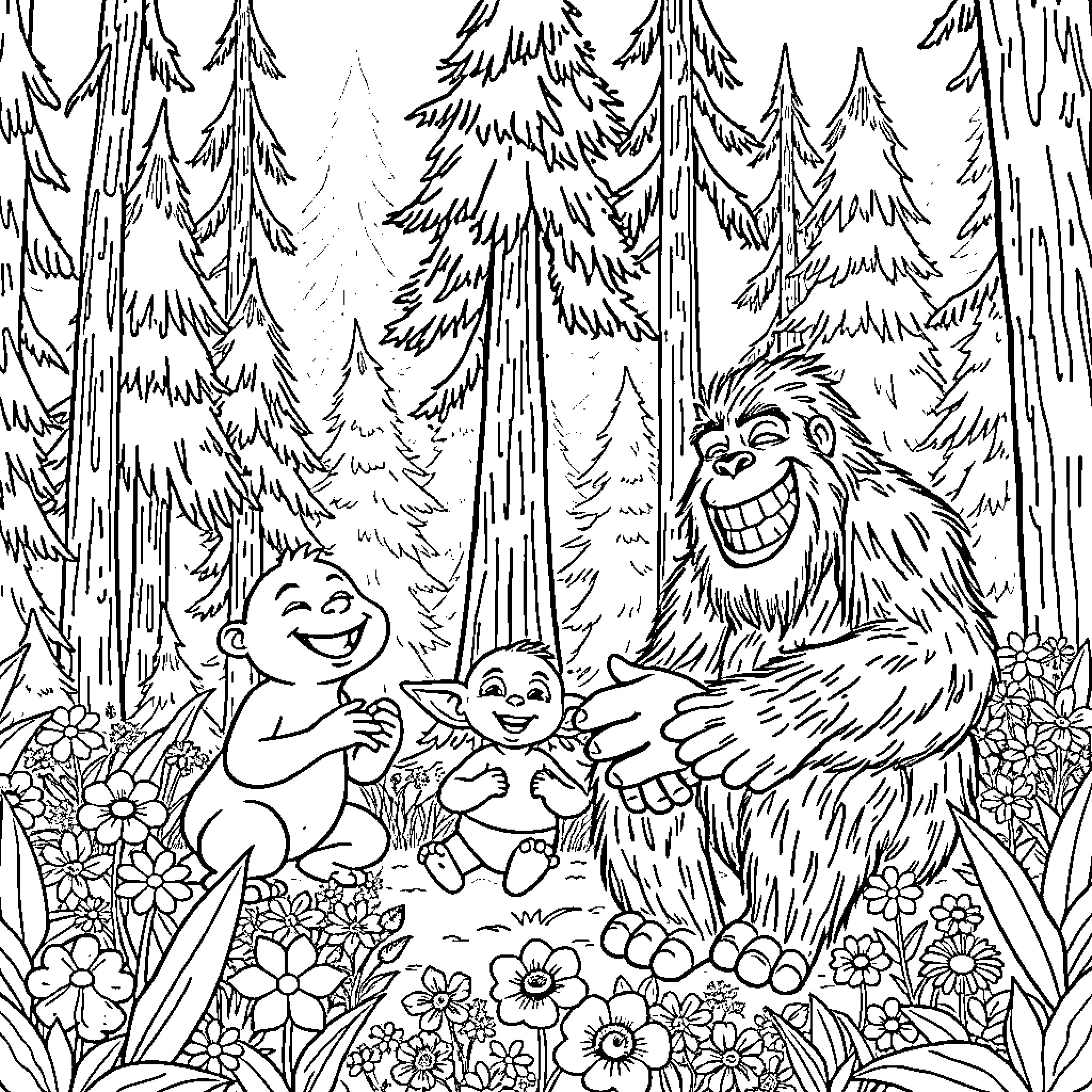Labubu's Joyful Forest Adventure Coloring Page (free black-and-white line drawing printable PDF for all, from beginners to advanced learners, including children, teens, adults, and seniors)