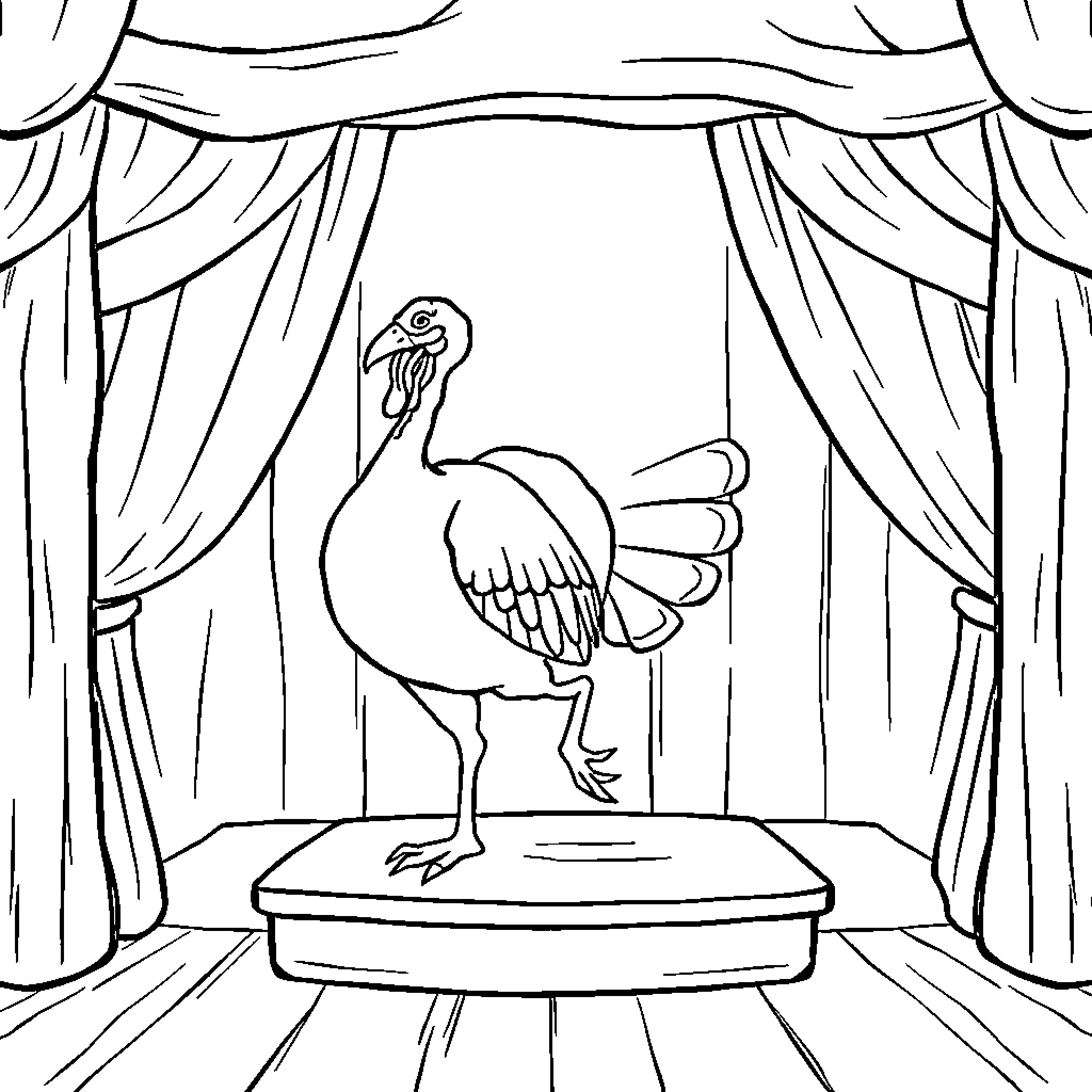 Turkey performing on stage with curtains Coloring Page (free black-and-white line drawing printable PDF for all, from beginners to advanced learners, including children, teens, adults, and seniors)