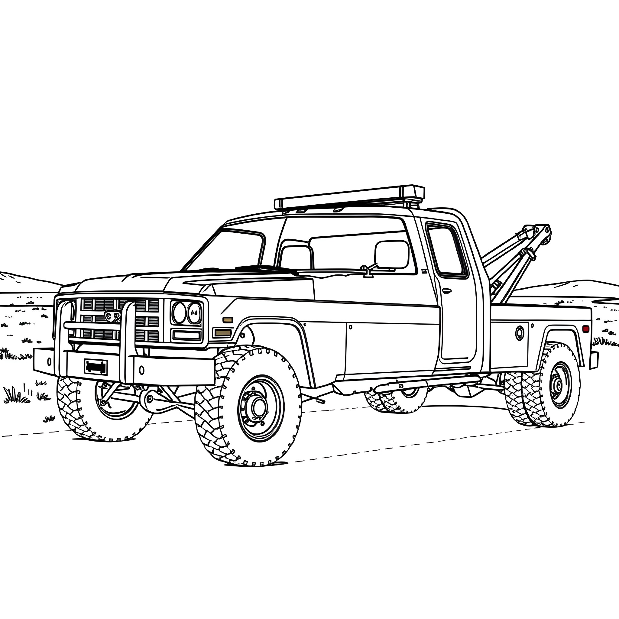 Wrecker vehicle in rugged terrain Coloring Page (free black-and-white line drawing printable PDF for all, from beginners to advanced learners, including children, teens, adults, and seniors)