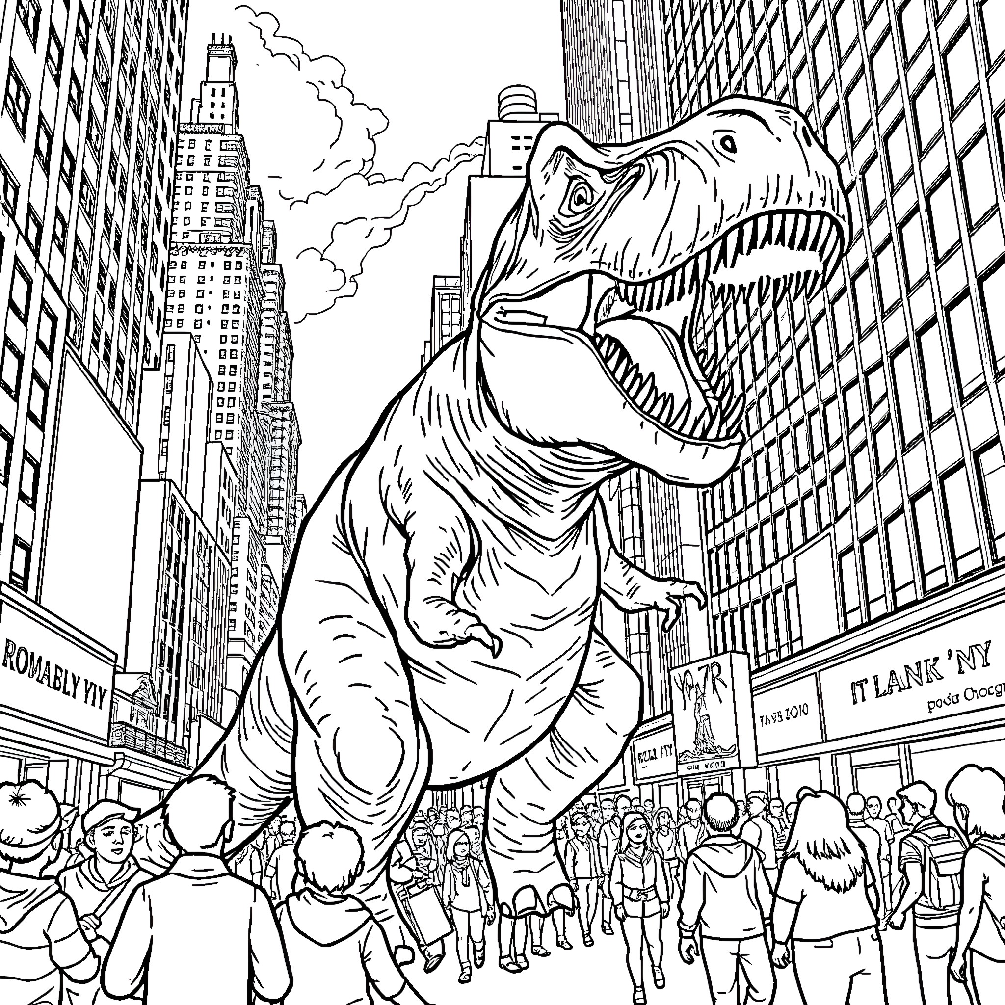 T-Rex Stomping Through the City Streets Coloring Page (free black-and-white line drawing printable PDF for all, from beginners to advanced learners, including children, teens, adults, and seniors)