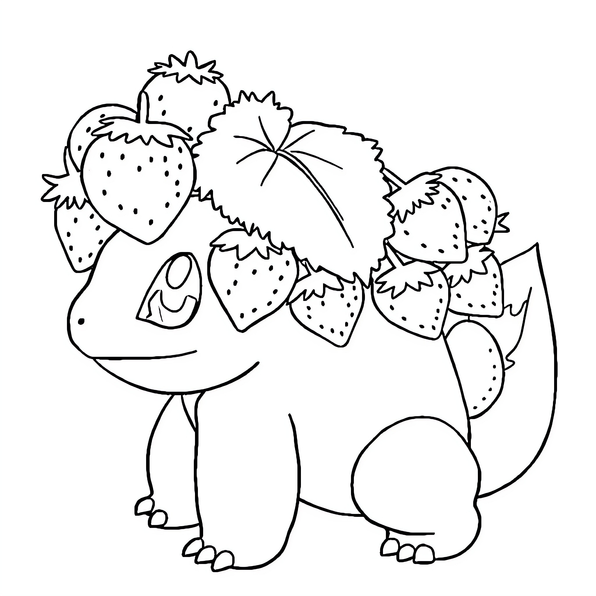 Bulbasaur carrying strawberries with friends Coloring Page (free black-and-white line drawing printable PDF for all, from beginners to advanced learners, including children, teens, adults, and seniors)