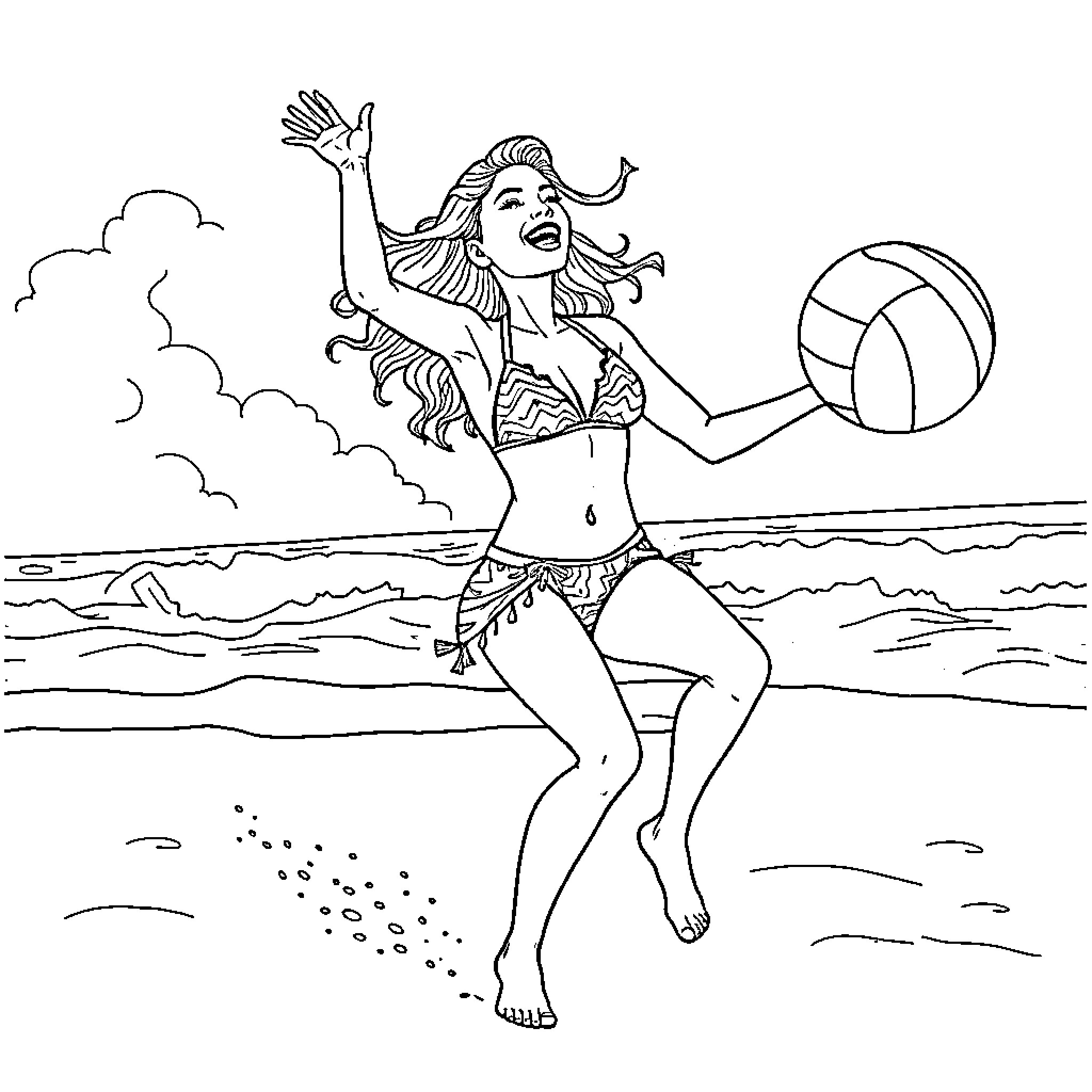 Woman playing beach volleyball in the sun Coloring Page (free black-and-white line drawing printable PDF for all, from beginners to advanced learners, including children, teens, adults, and seniors)