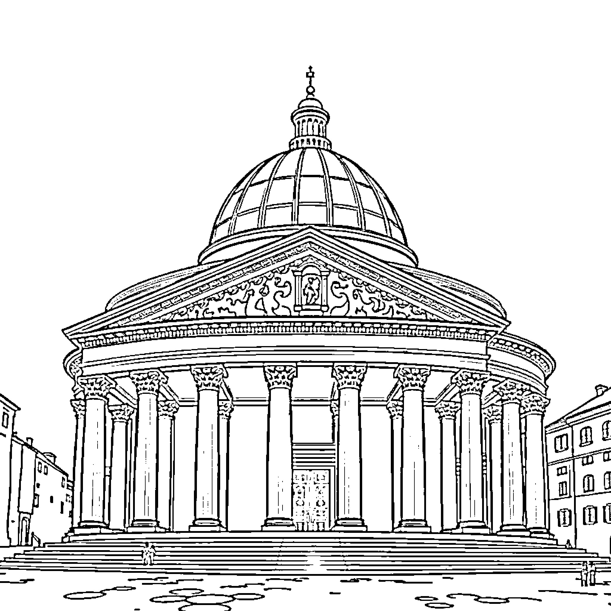 Pantheon of ancient architectural grandeur Coloring Page (free black-and-white line drawing printable PDF for all, from beginners to advanced learners, including children, teens, adults, and seniors)