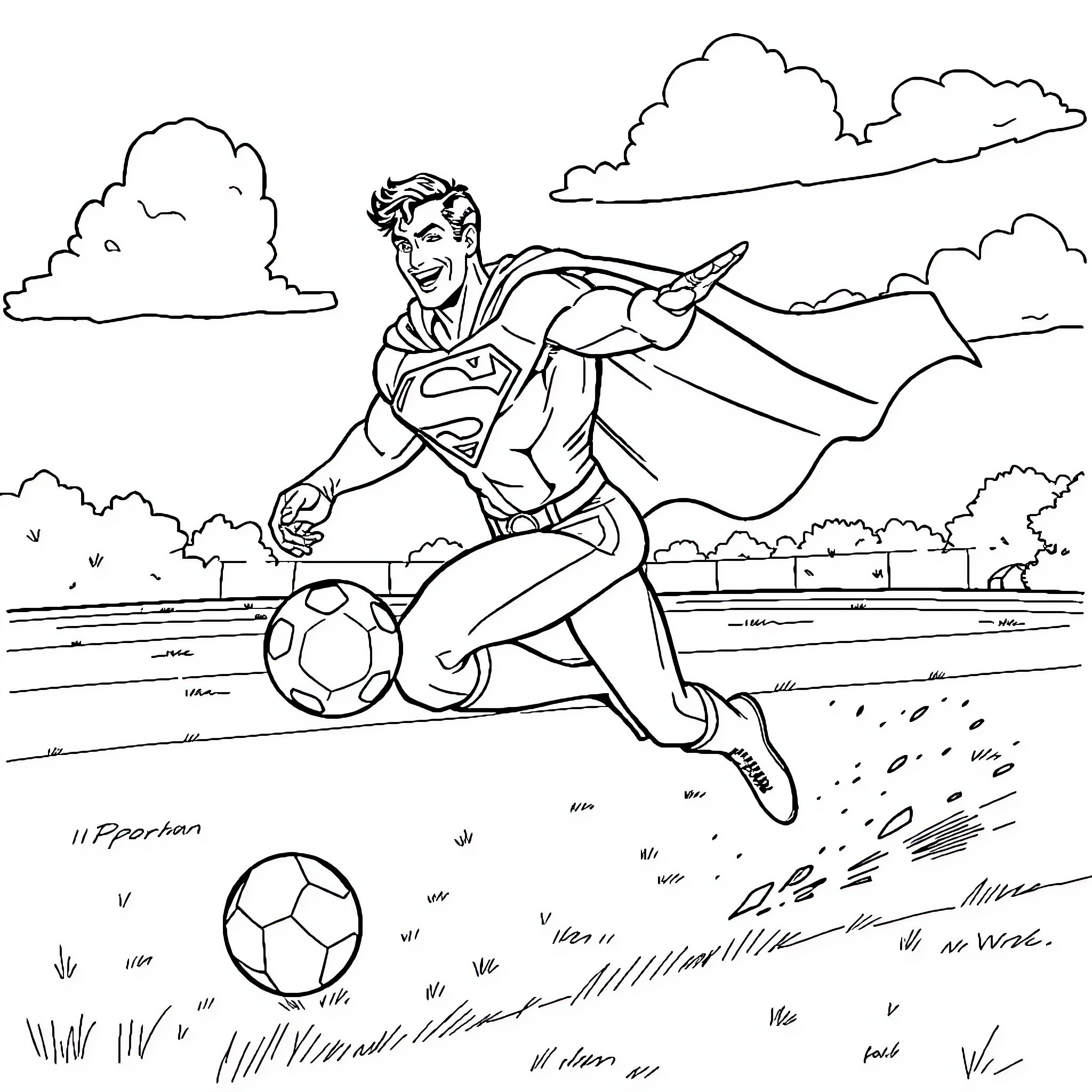 Superman playing soccer in the field Coloring Page (free black-and-white line drawing printable PDF for all, from beginners to advanced learners, including children, teens, adults, and seniors)