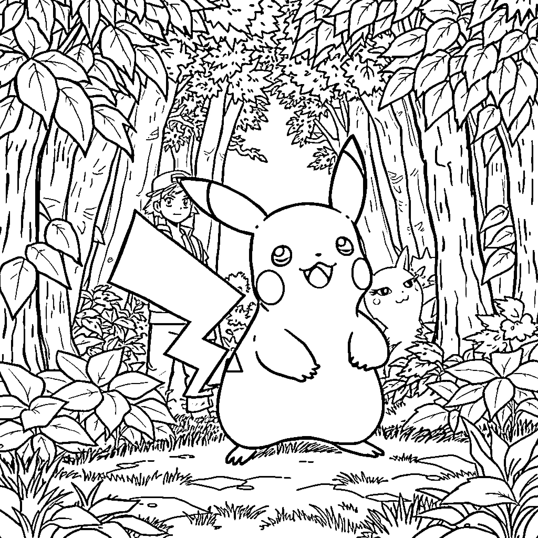 Pikachu exploring the enchanted forest Coloring Page (free black-and-white line drawing printable PDF for all, from beginners to advanced learners, including children, teens, adults, and seniors)