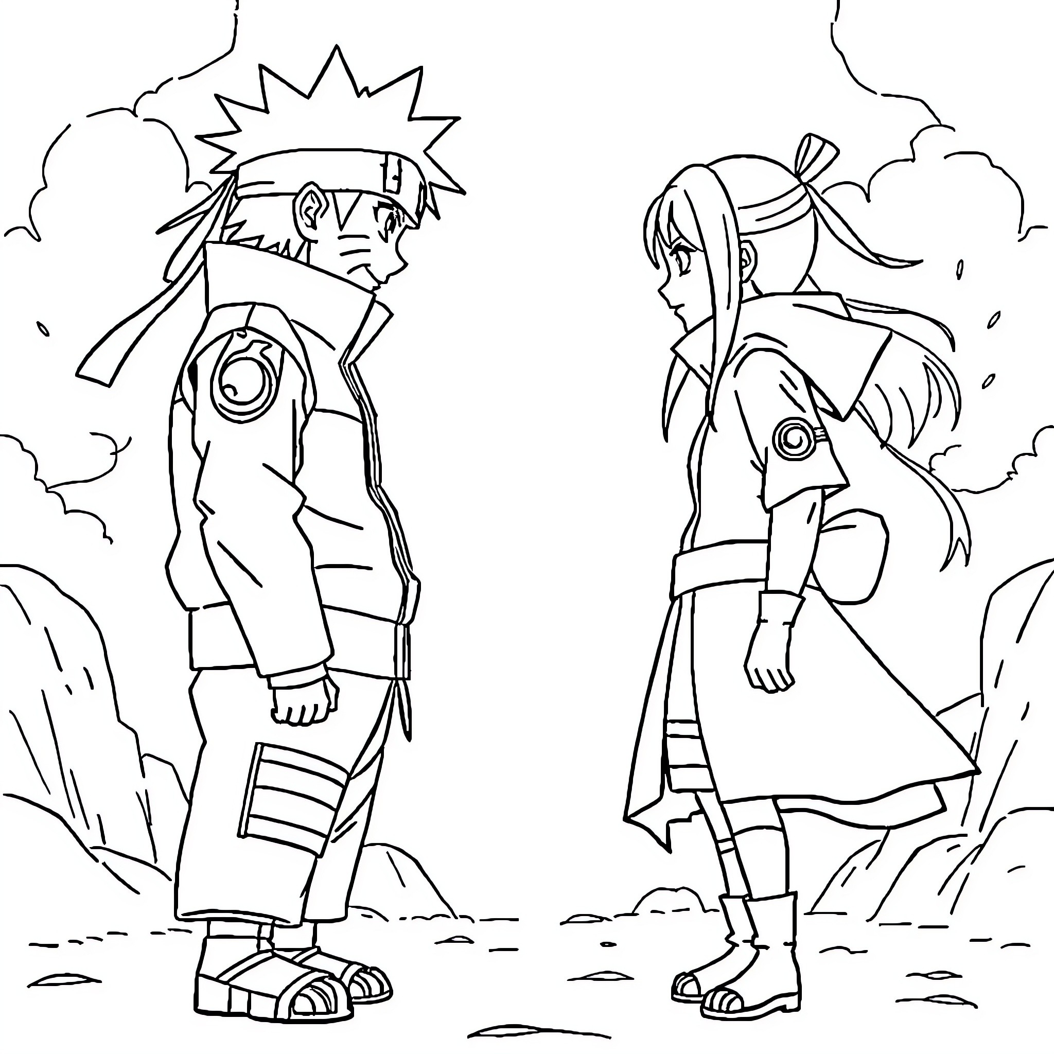 Naruto characters in a dynamic outdoor scene Coloring Page (free black-and-white line drawing printable PDF for all, from beginners to advanced learners, including children, teens, adults, and seniors)