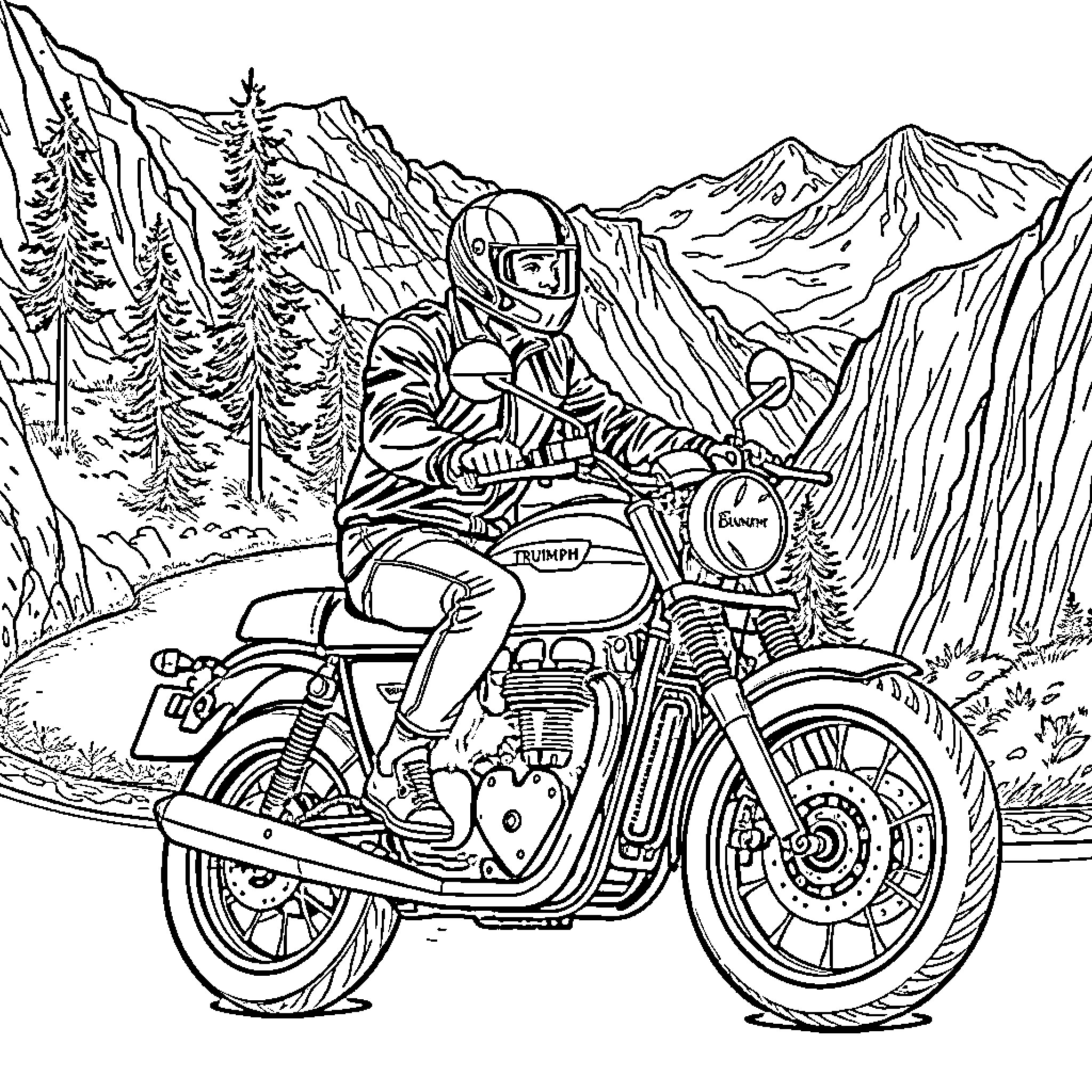 Motorcycle Rider Exploring Mountainous Landscape Coloring Page (free black-and-white line drawing printable PDF for all, from beginners to advanced learners, including children, teens, adults, and seniors)