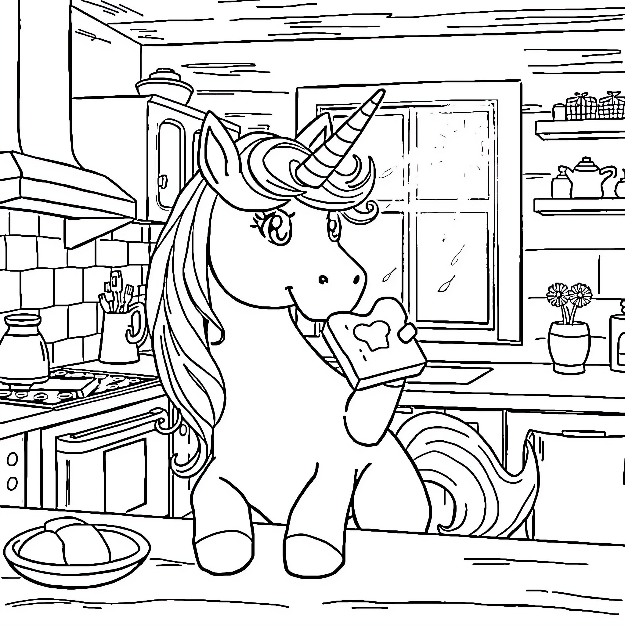 Unicorn cooking in a cozy kitchen Coloring Page (free black-and-white line drawing printable PDF for all, from beginners to advanced learners, including children, teens, adults, and seniors)