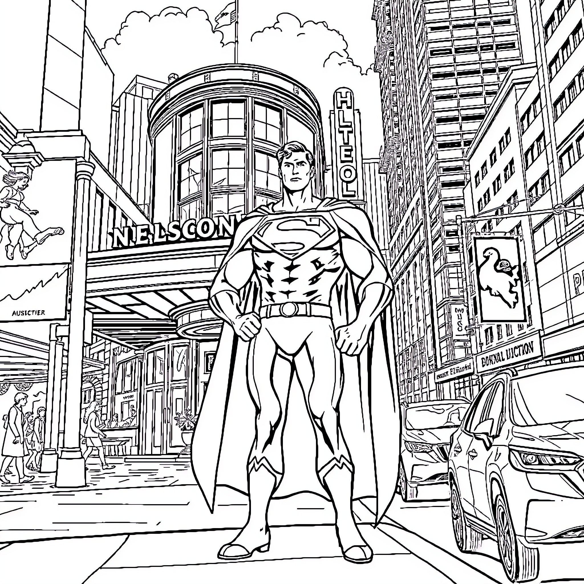 Superman heroically stands in the bustling city Coloring Page (free black-and-white line drawing printable PDF for all, from beginners to advanced learners, including children, teens, adults, and seniors)