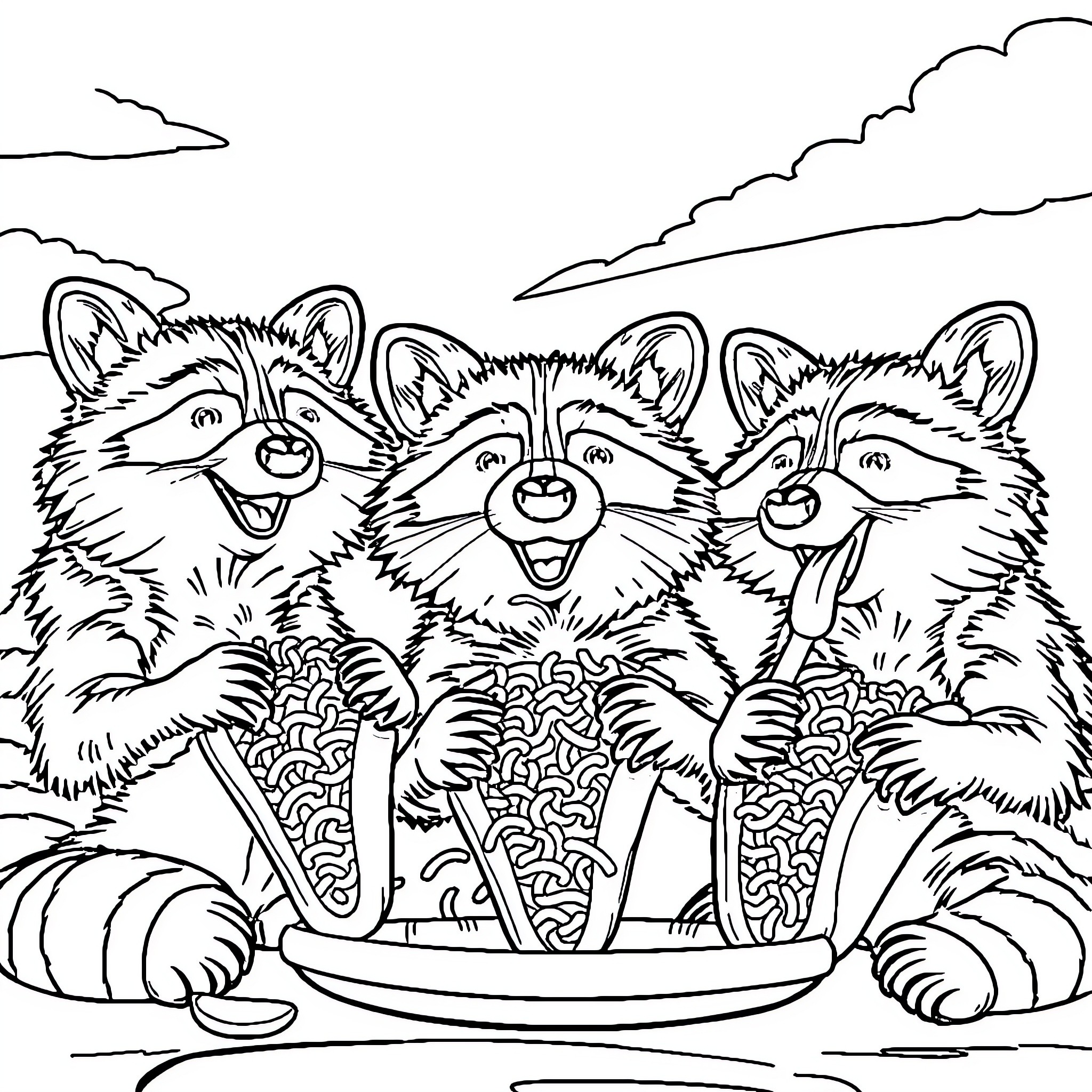 Raccoons having a lively picnic in the woods Coloring Page (free black-and-white line drawing printable PDF for all, from beginners to advanced learners, including children, teens, adults, and seniors)