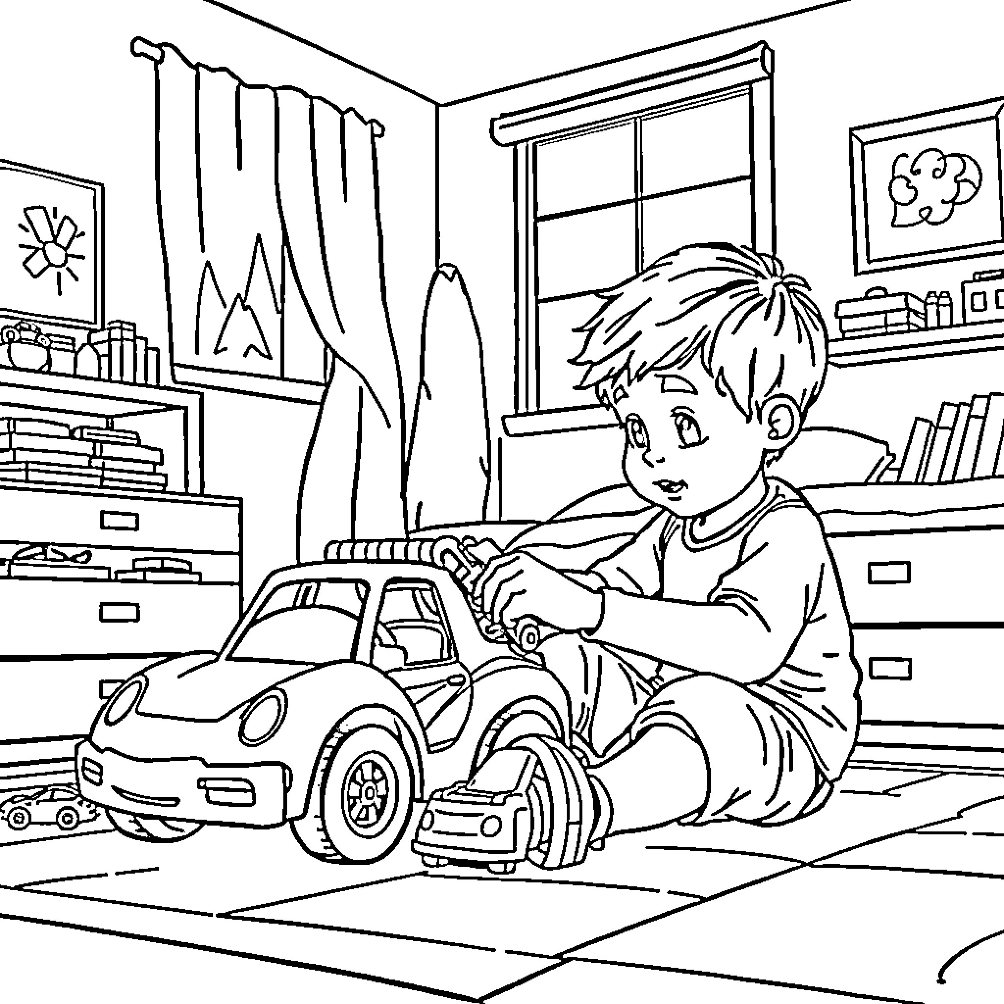 Kid Playing Happily with Toy Car in Room Coloring Page (free black-and-white line drawing printable PDF for all, from beginners to advanced learners, including children, teens, adults, and seniors)