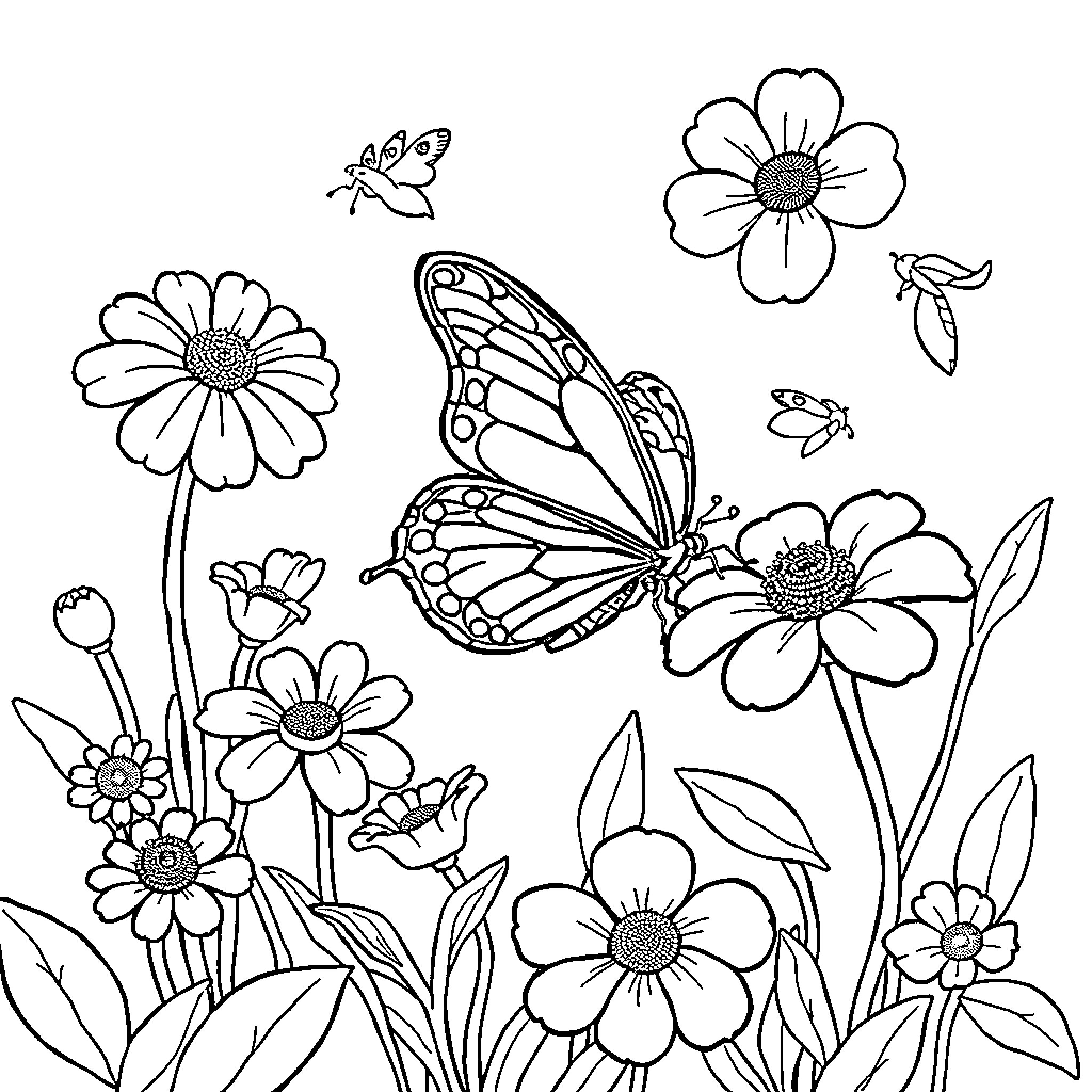 Butterfly dancing among floral garden Coloring Page (free black-and-white line drawing printable PDF for all, from beginners to advanced learners, including children, teens, adults, and seniors)
