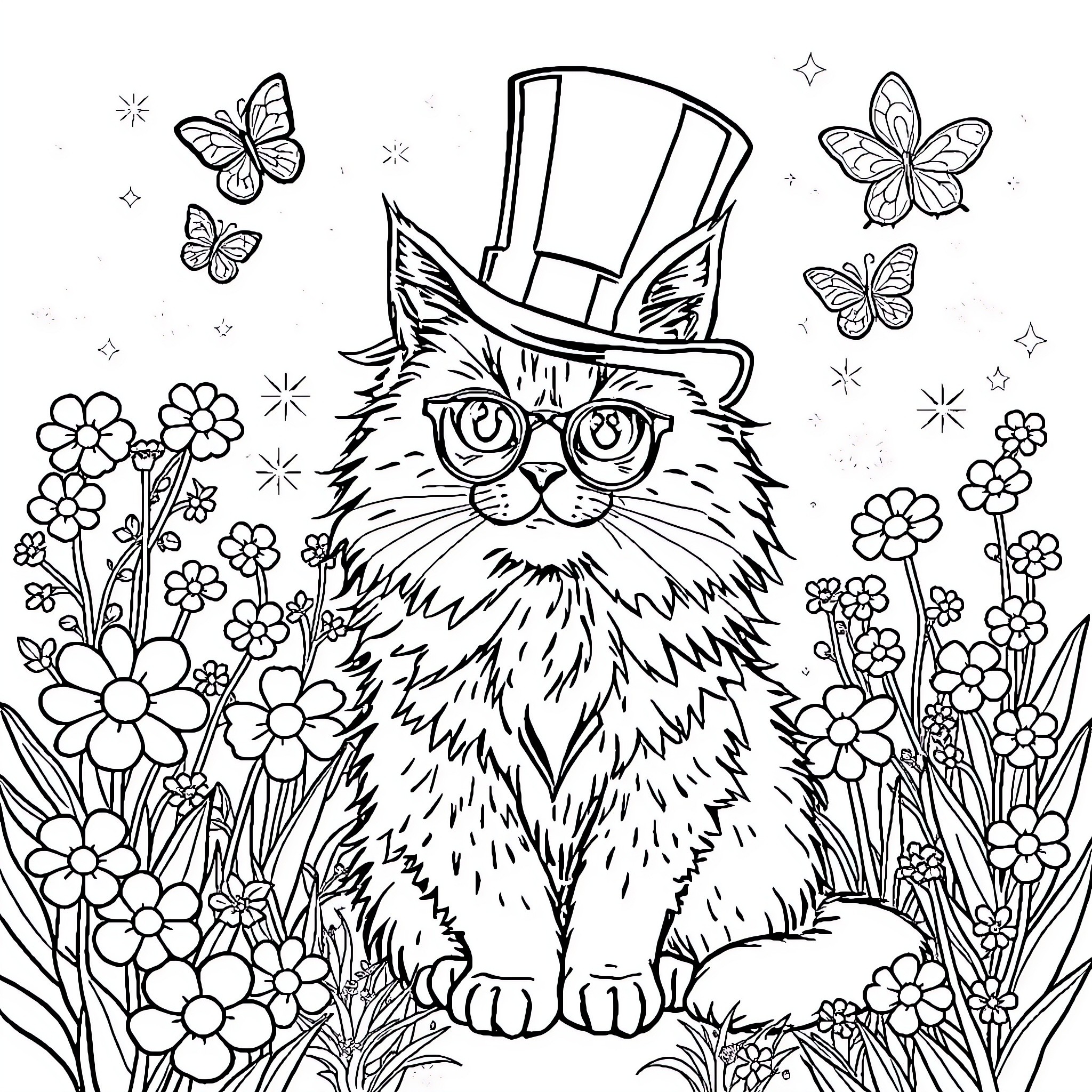 Cat in a top hat among flowers and butterflies Coloring Page (free black-and-white line drawing printable PDF for all, from beginners to advanced learners, including children, teens, adults, and seniors)