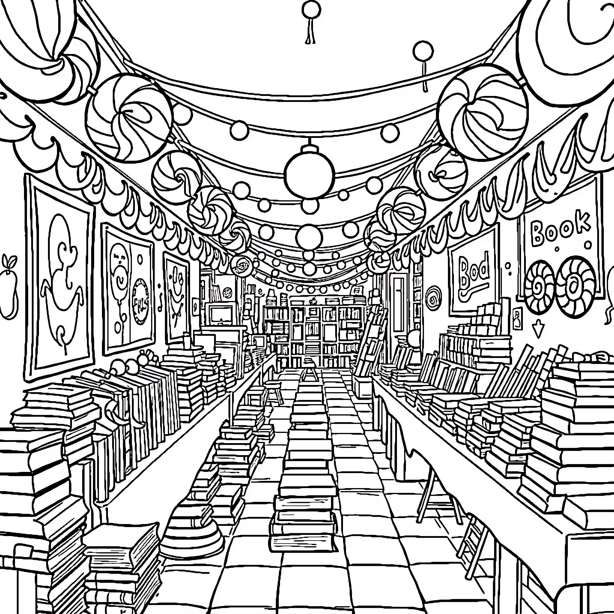 Candyland - Enchanted Bookshop Wonderland Coloring Page (free black-and-white line drawing printable PDF for all, from beginners to advanced learners, including children, teens, adults, and seniors)
