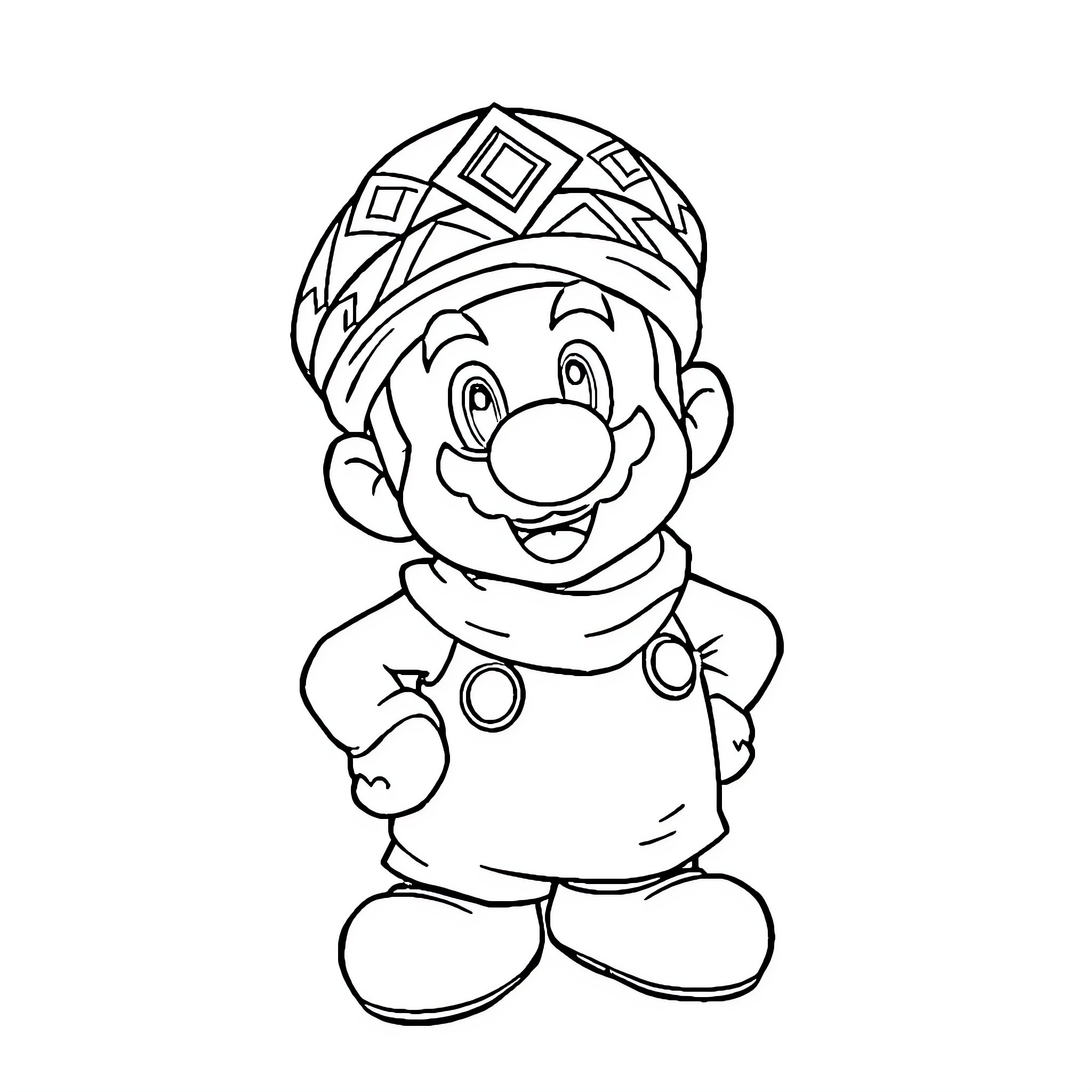 Mario in Joyful Pose with Distinctive Hat Coloring Page (free black-and-white line drawing printable PDF for all, from beginners to advanced learners, including children, teens, adults, and seniors)