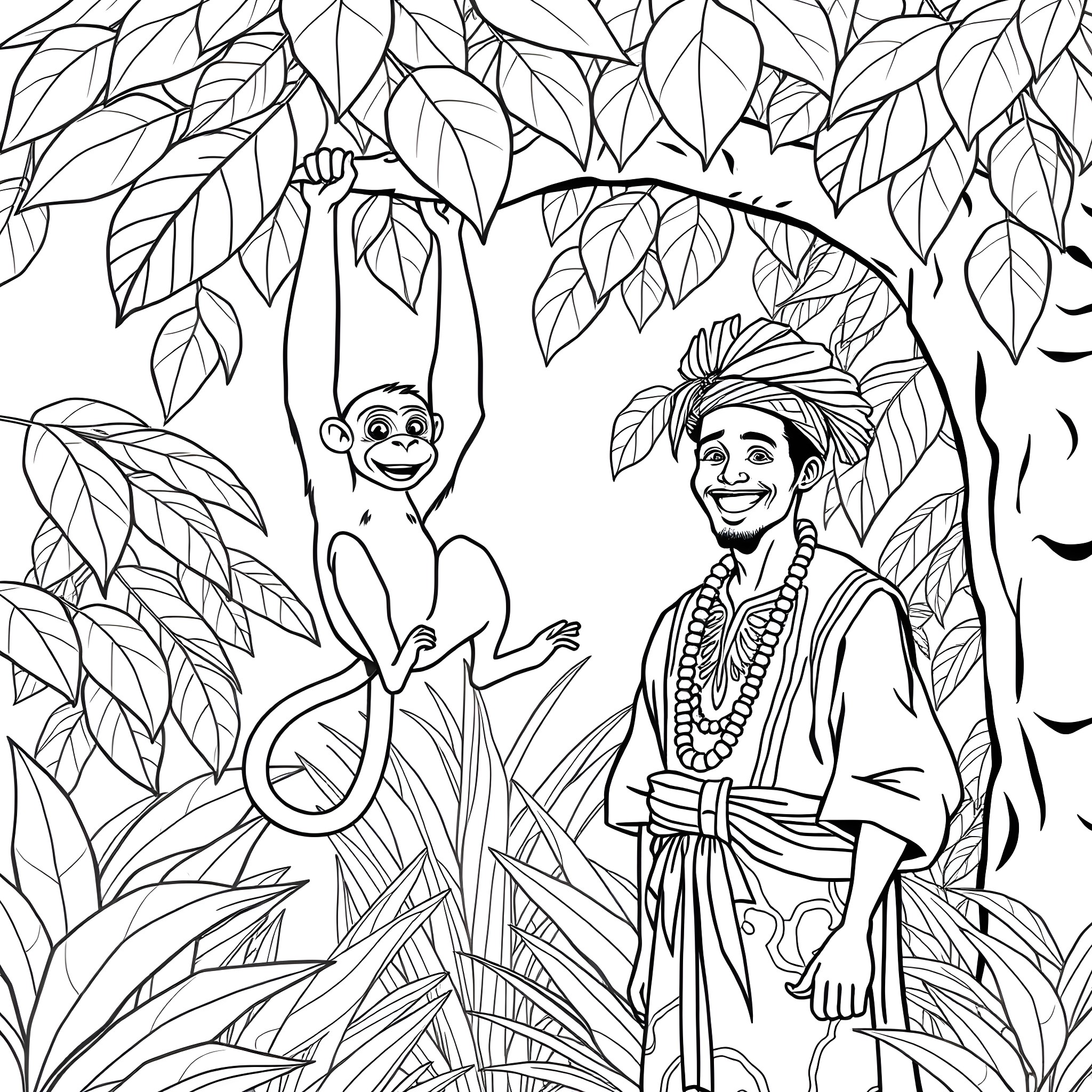 Monkey playing joyfully with a person in the jungle Coloring Page (free black-and-white line drawing printable PDF for all, from beginners to advanced learners, including children, teens, adults, and seniors)