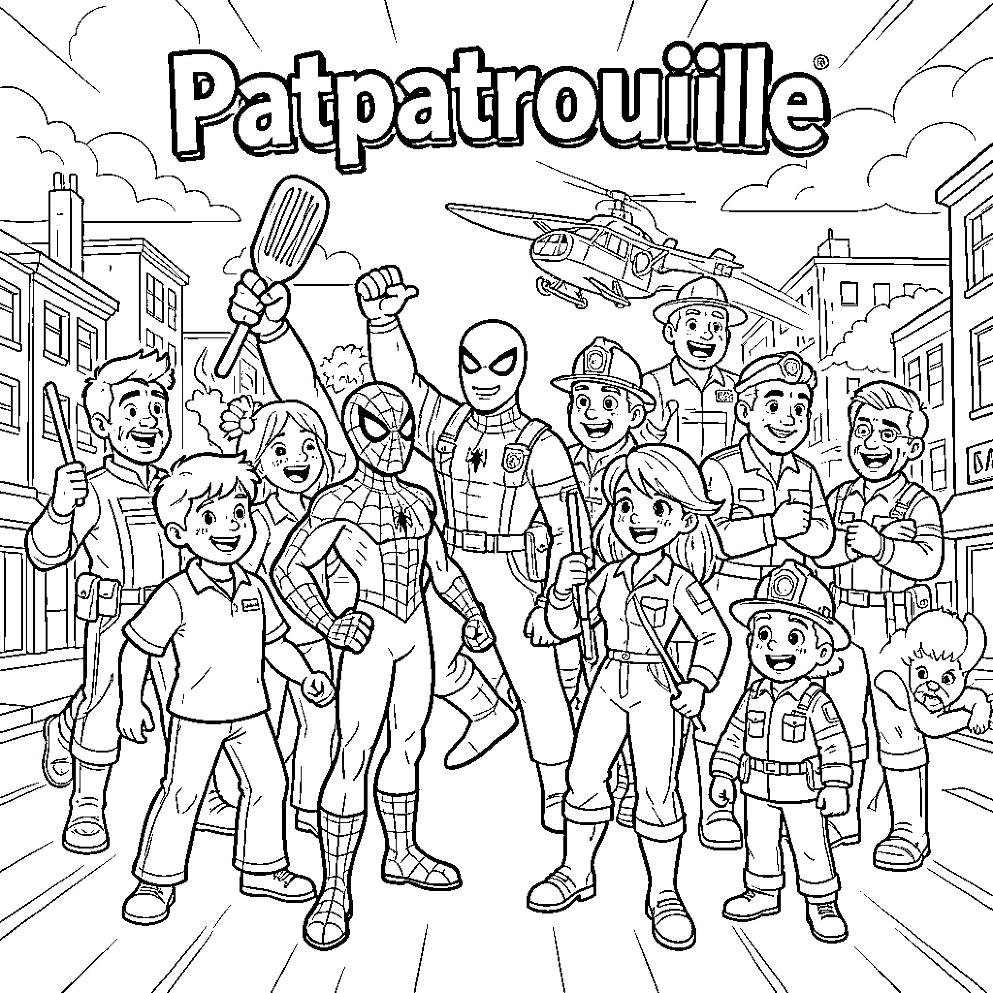 Spiderman posing heroically with various animated characters Coloring Page (free black-and-white line drawing printable PDF for all, from beginners to advanced learners, including children, teens, adults, and seniors)