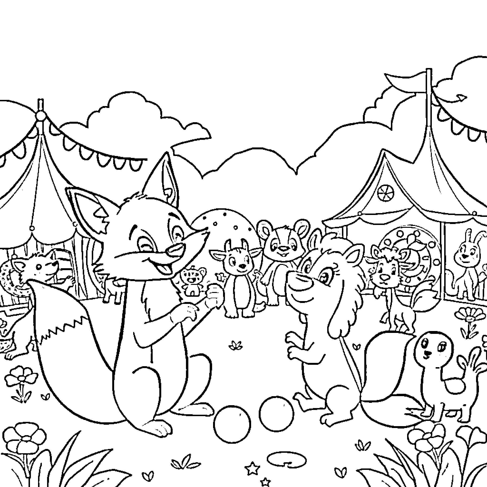 Fox and Friends at the Carnival Celebration Coloring Page (free black-and-white line drawing printable PDF for all, from beginners to advanced learners, including children, teens, adults, and seniors)