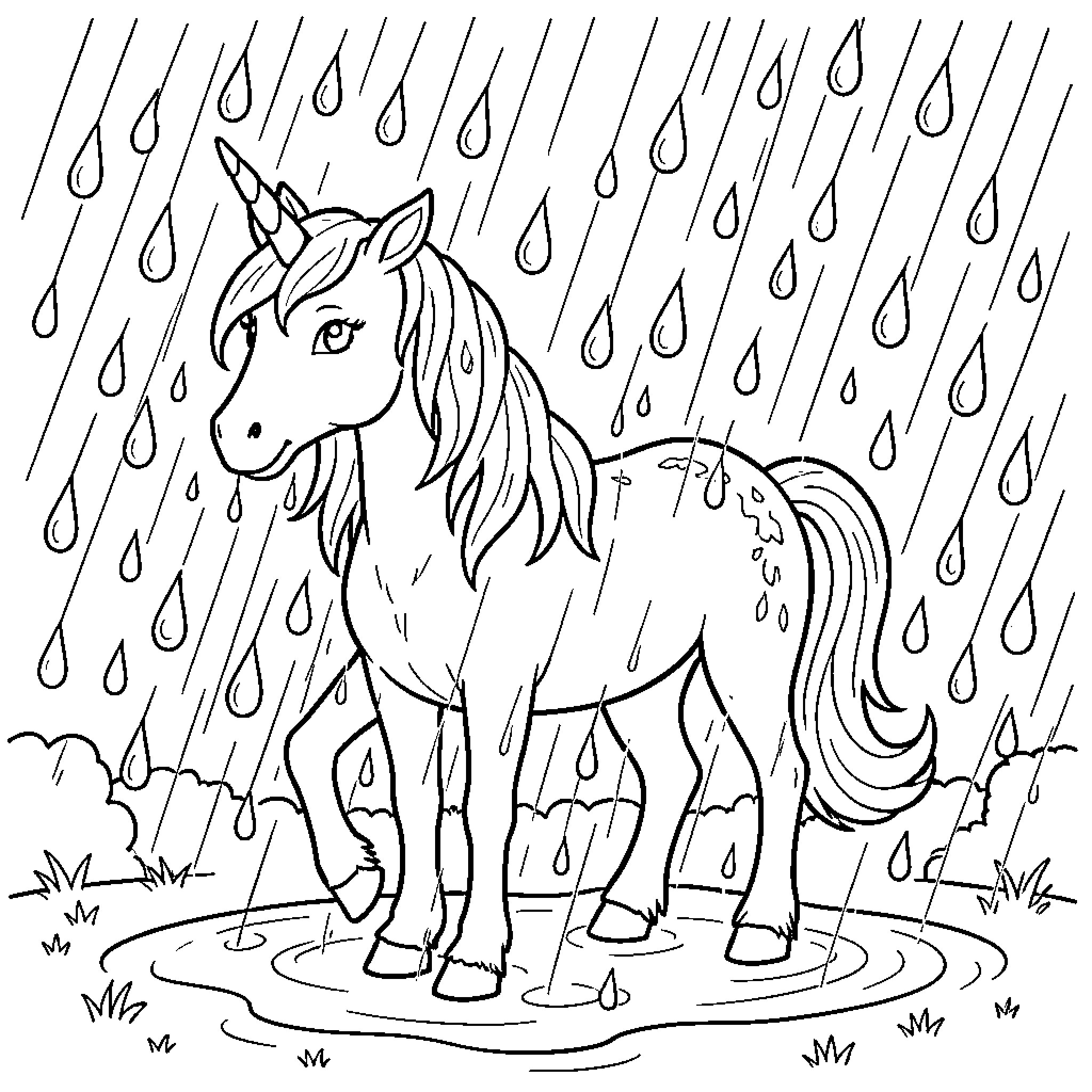 Unicorn Enjoying the Rainy Day Coloring Page (free black-and-white line drawing printable PDF for all, from beginners to advanced learners, including children, teens, adults, and seniors)
