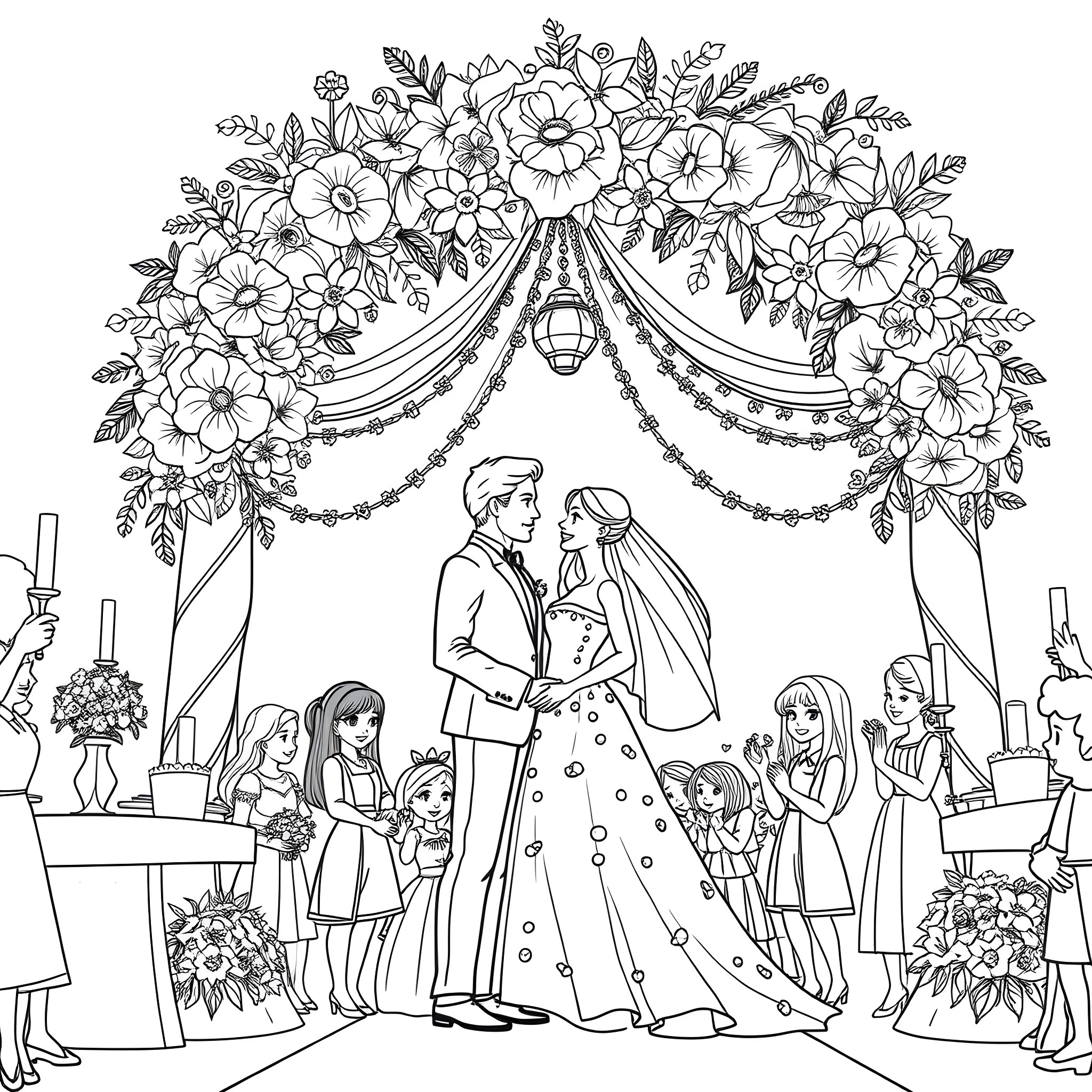 Barbie's Fairytale Wedding Celebration Coloring Page (free black-and-white line drawing printable PDF for all, from beginners to advanced learners, including children, teens, adults, and seniors)