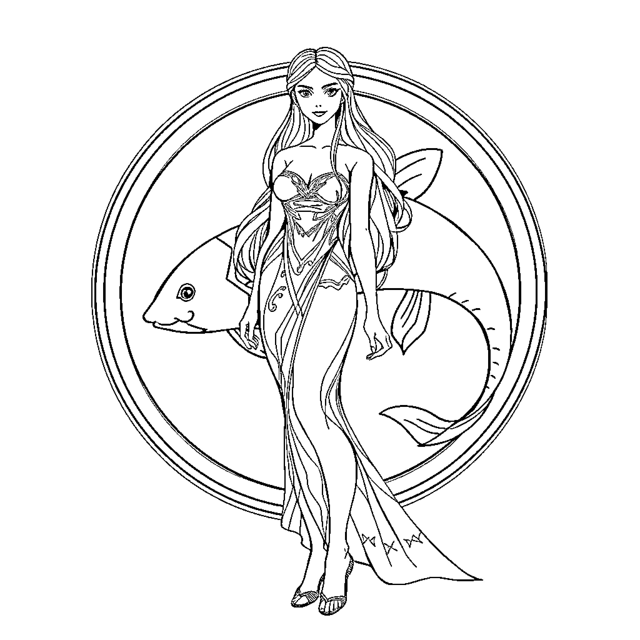 Pisces mermaid posing gracefully with fish Coloring Page (free black-and-white line drawing printable PDF for all, from beginners to advanced learners, including children, teens, adults, and seniors)