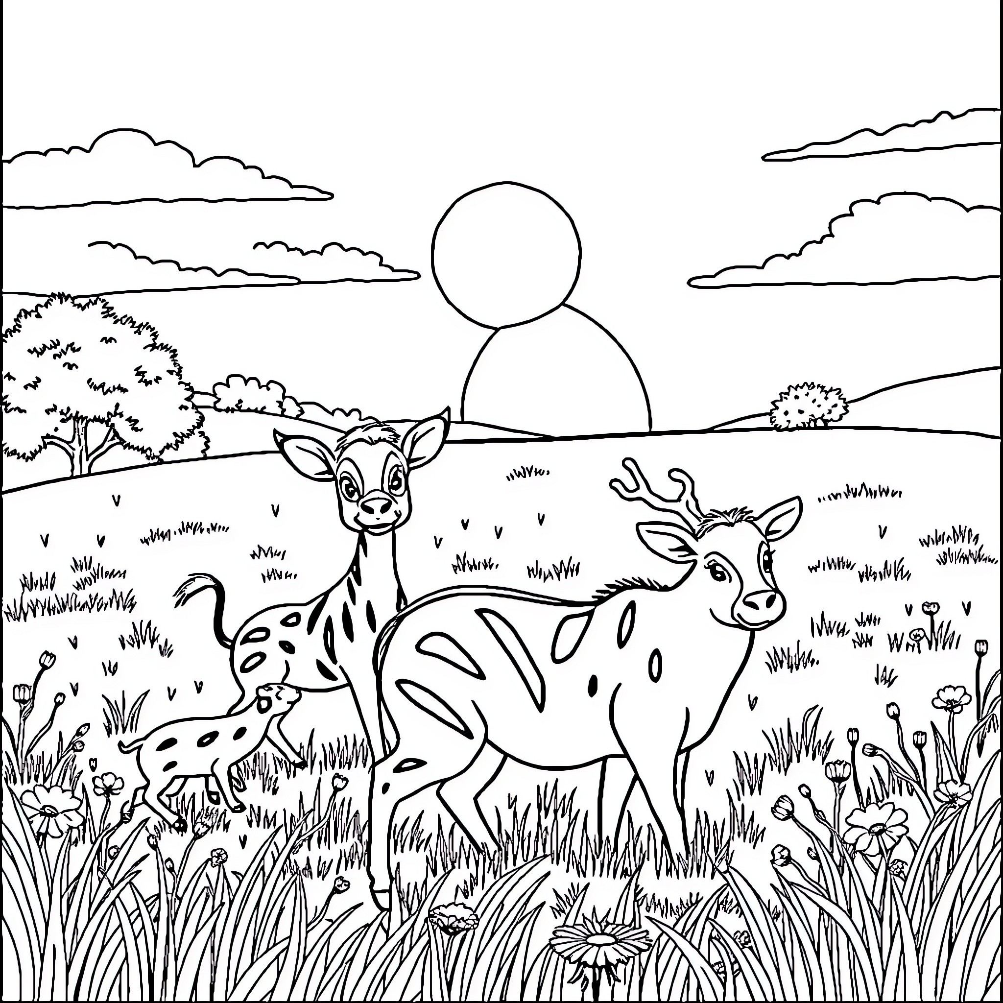 Animal Deer in Scenic Outdoor Landscape Coloring Page (free black-and-white line drawing printable PDF for all, from beginners to advanced learners, including children, teens, adults, and seniors)