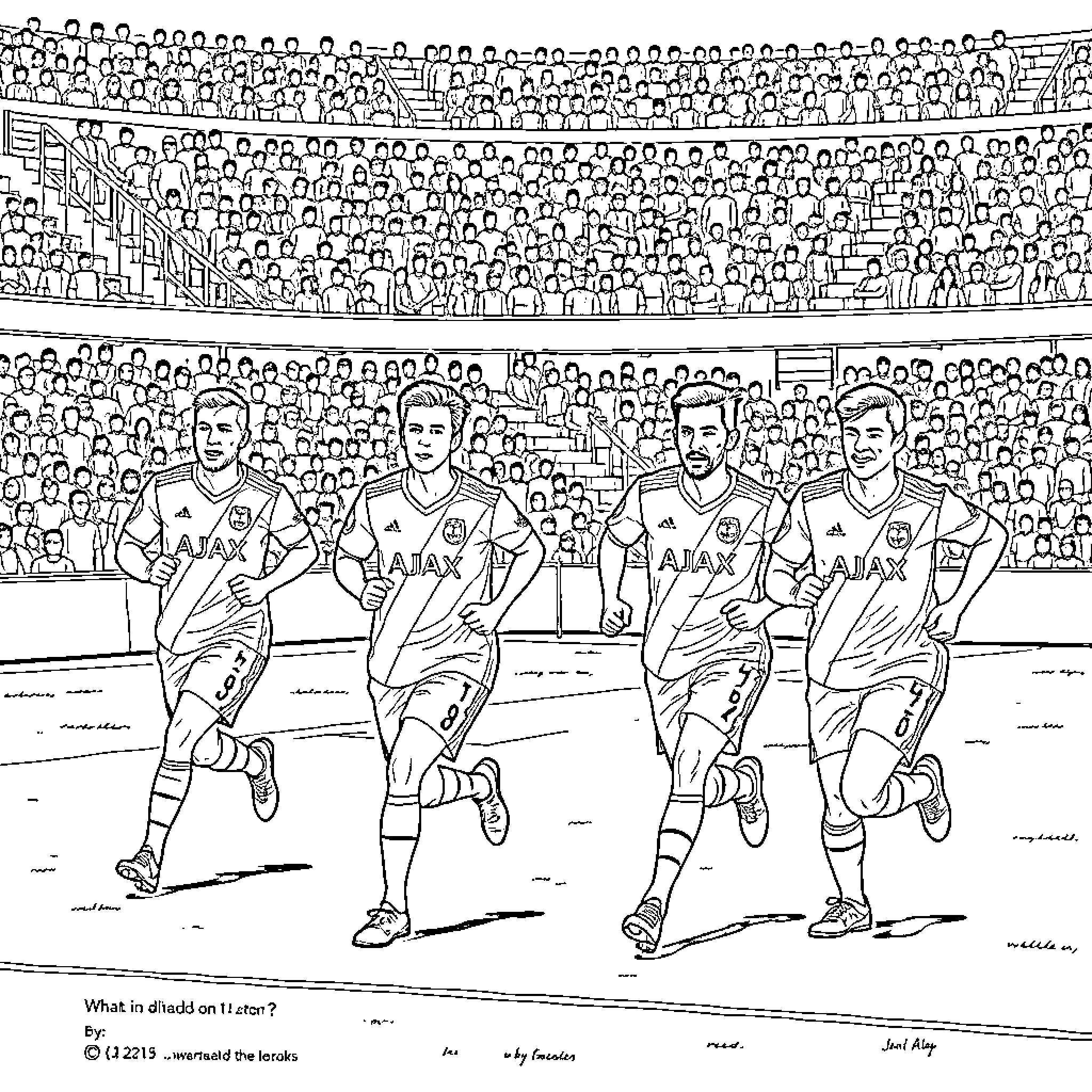 Ajax players racing on the field in front of crowd Coloring Page (free black-and-white line drawing printable PDF for all, from beginners to advanced learners, including children, teens, adults, and seniors)