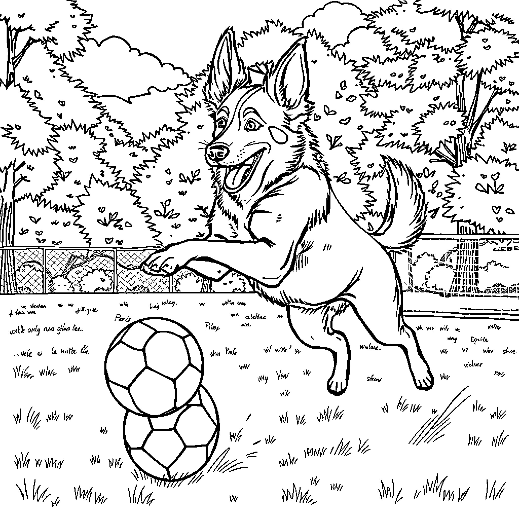 Paw Patrol Puppy Playing with Soccer Ball in the Park Coloring Page (free black-and-white line drawing printable PDF for all, from beginners to advanced learners, including children, teens, adults, and seniors)