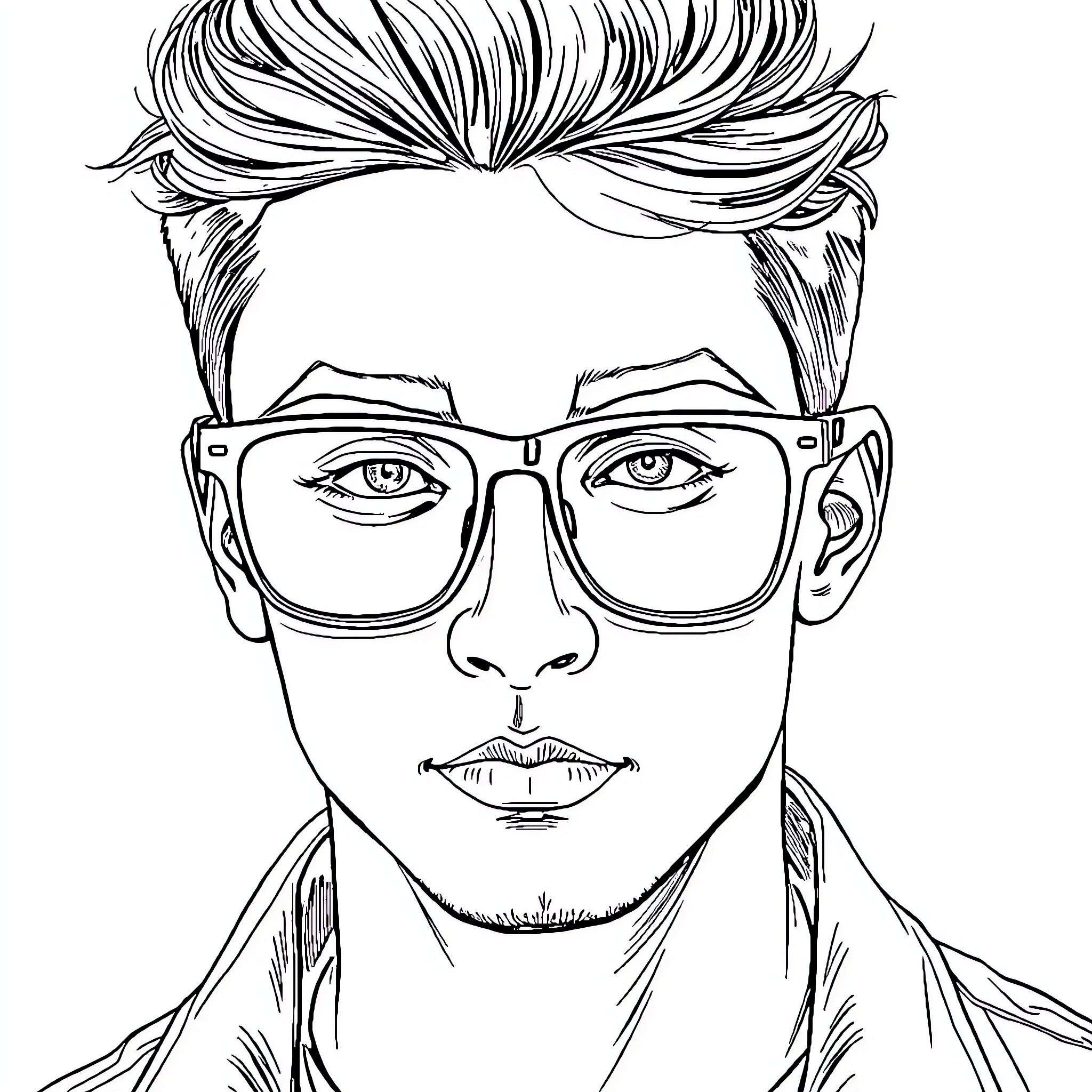 Man with stylish haircut and eyeglasses Coloring Page (free black-and-white line drawing printable PDF for all, from beginners to advanced learners, including children, teens, adults, and seniors)