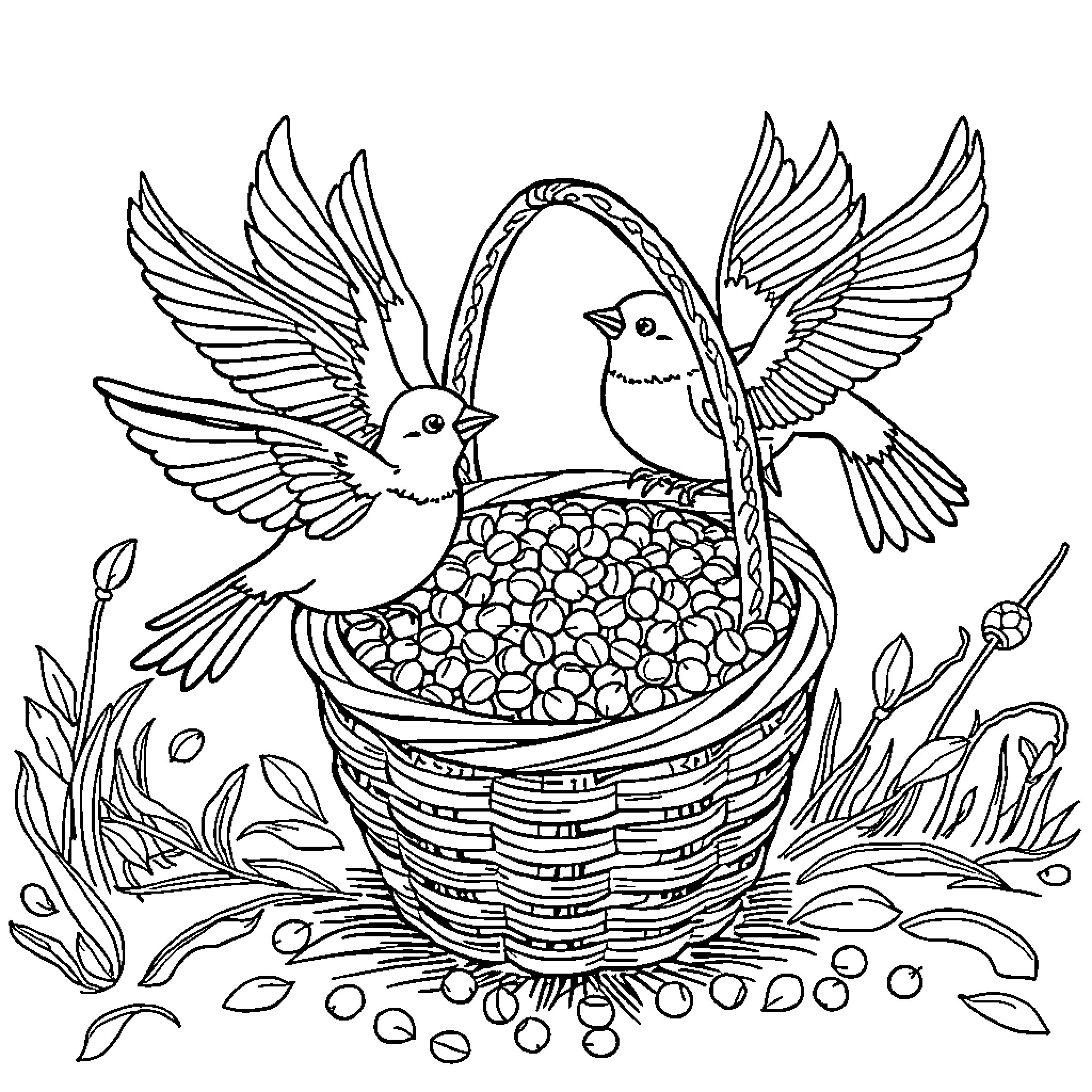 Birds nesting in basket with eggs Coloring Page (free black-and-white line drawing printable PDF for all, from beginners to advanced learners, including children, teens, adults, and seniors)