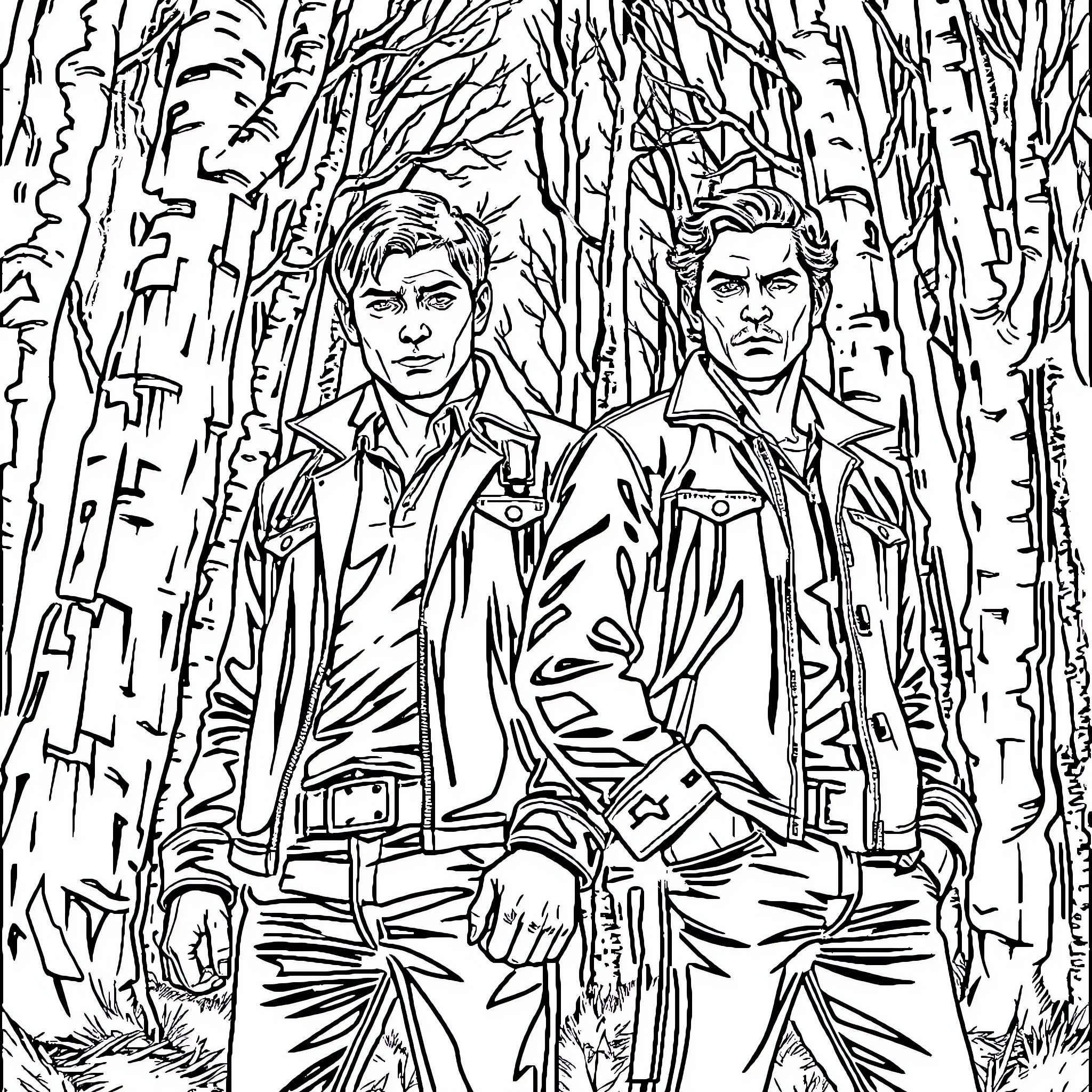 Sam and Dean exploring a mysterious forest Coloring Page (free black-and-white line drawing printable PDF for all, from beginners to advanced learners, including children, teens, adults, and seniors)