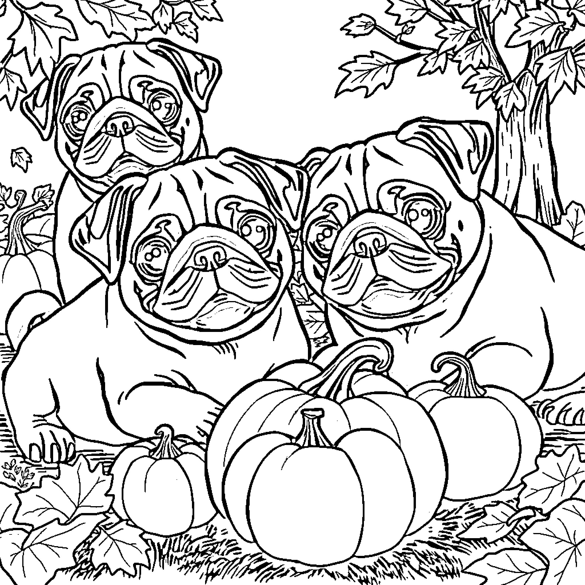 Pug Pals Frolicking in Autumn Leaves Coloring Page (free black-and-white line drawing printable PDF for all, from beginners to advanced learners, including children, teens, adults, and seniors)