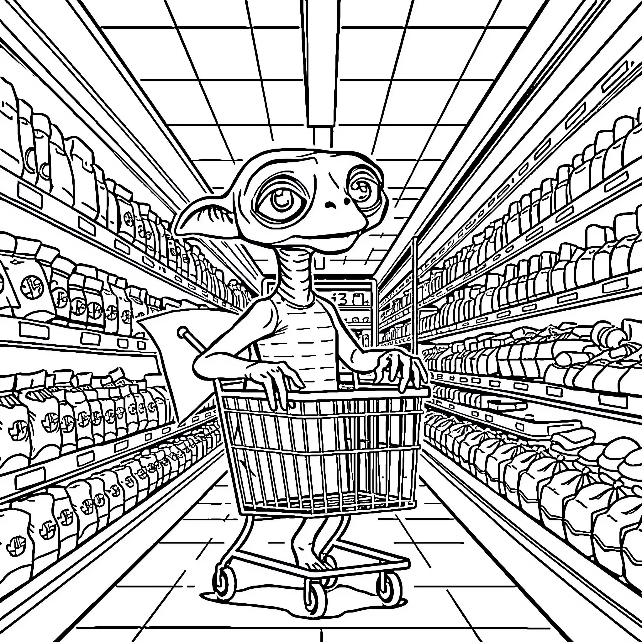 E.T. shopping in a supermarket aisle Coloring Page (free black-and-white line drawing printable PDF for all, from beginners to advanced learners, including children, teens, adults, and seniors)