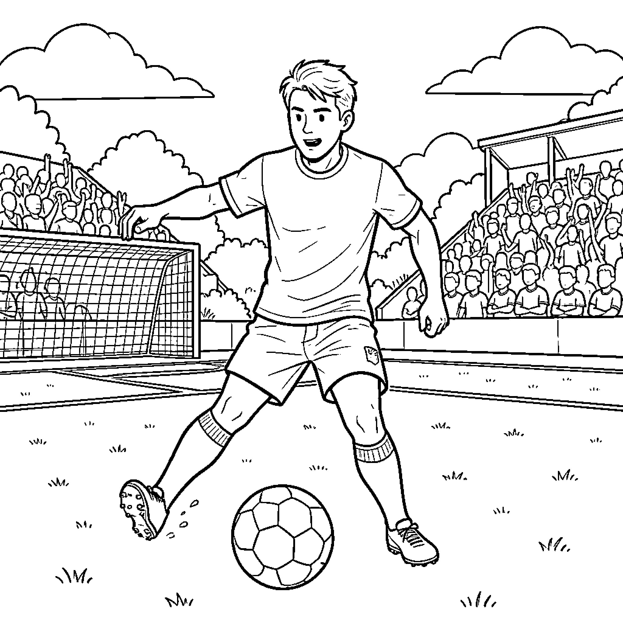 Joueur de football dribblant avec le ballon Coloring Page (free black-and-white line drawing printable PDF for all, from beginners to advanced learners, including children, teens, adults, and seniors)